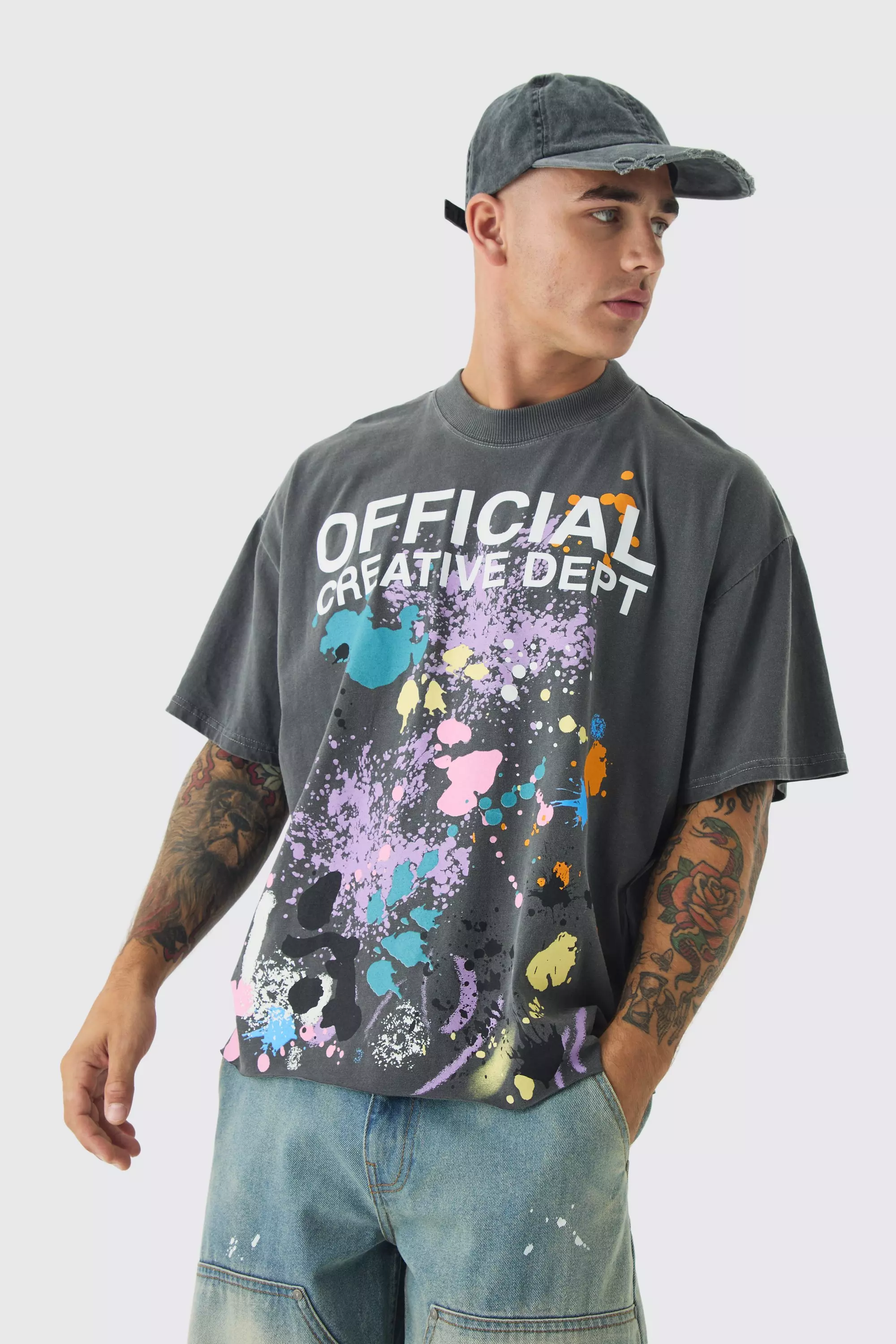 Oversized Boxy Paint Splatter Washed T-Shirt Black