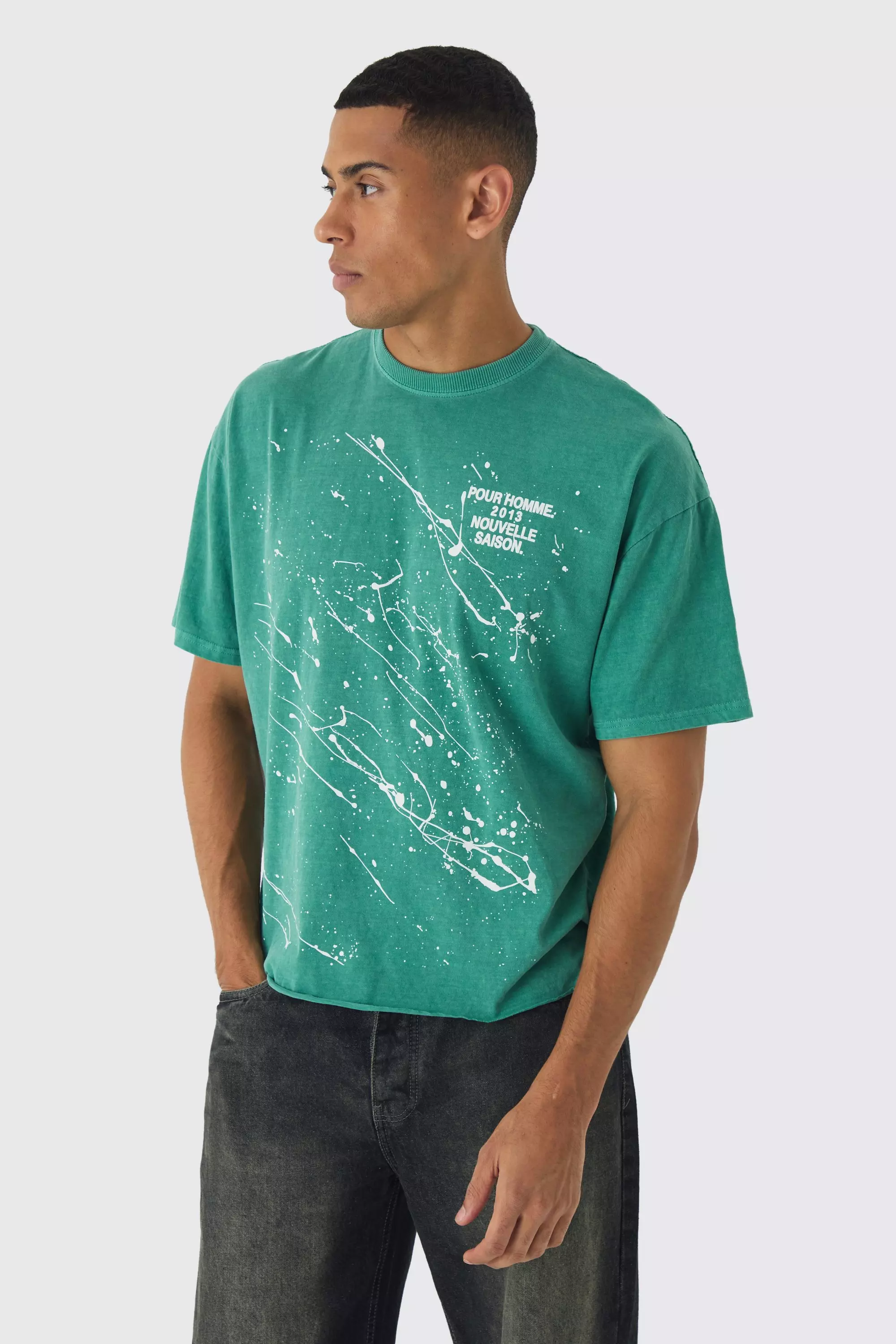 Green Oversized Boxy Paint Splatter Washed T-Shirt