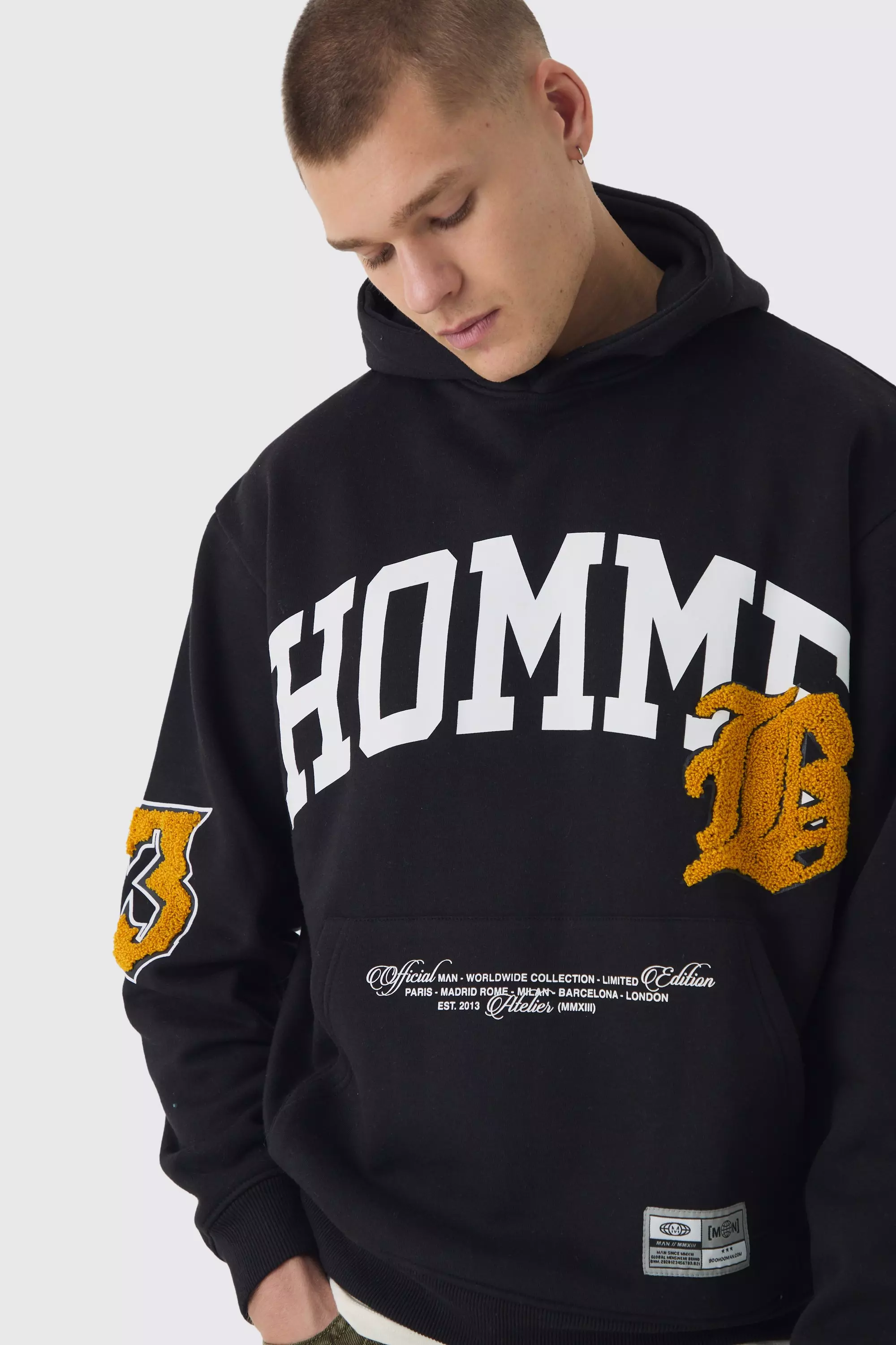 Black Oversized Homme Applique Varsity Hoodie alternative image