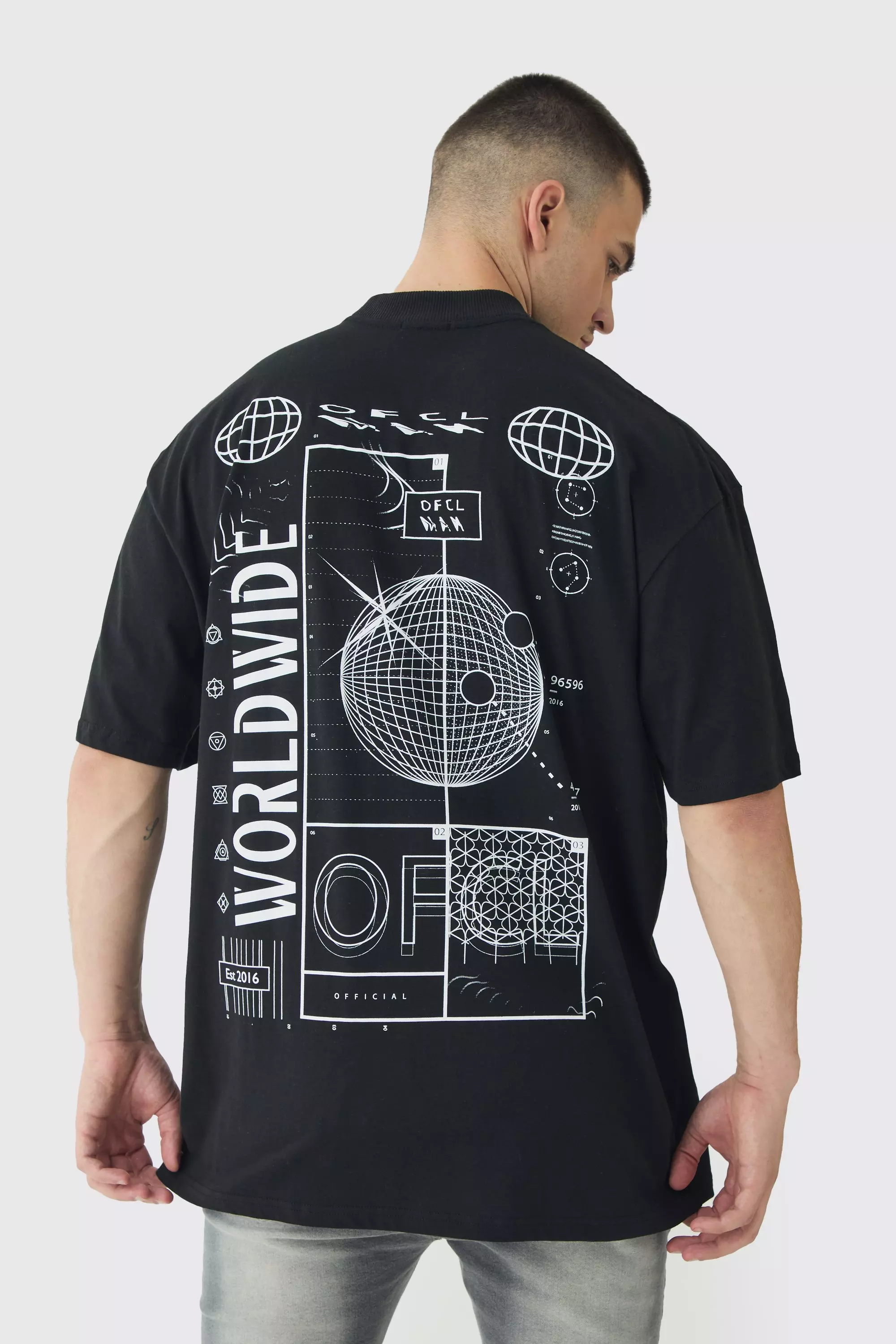 Tall Worldwide Abstract Graphic Extended Neck T-Shirt Black