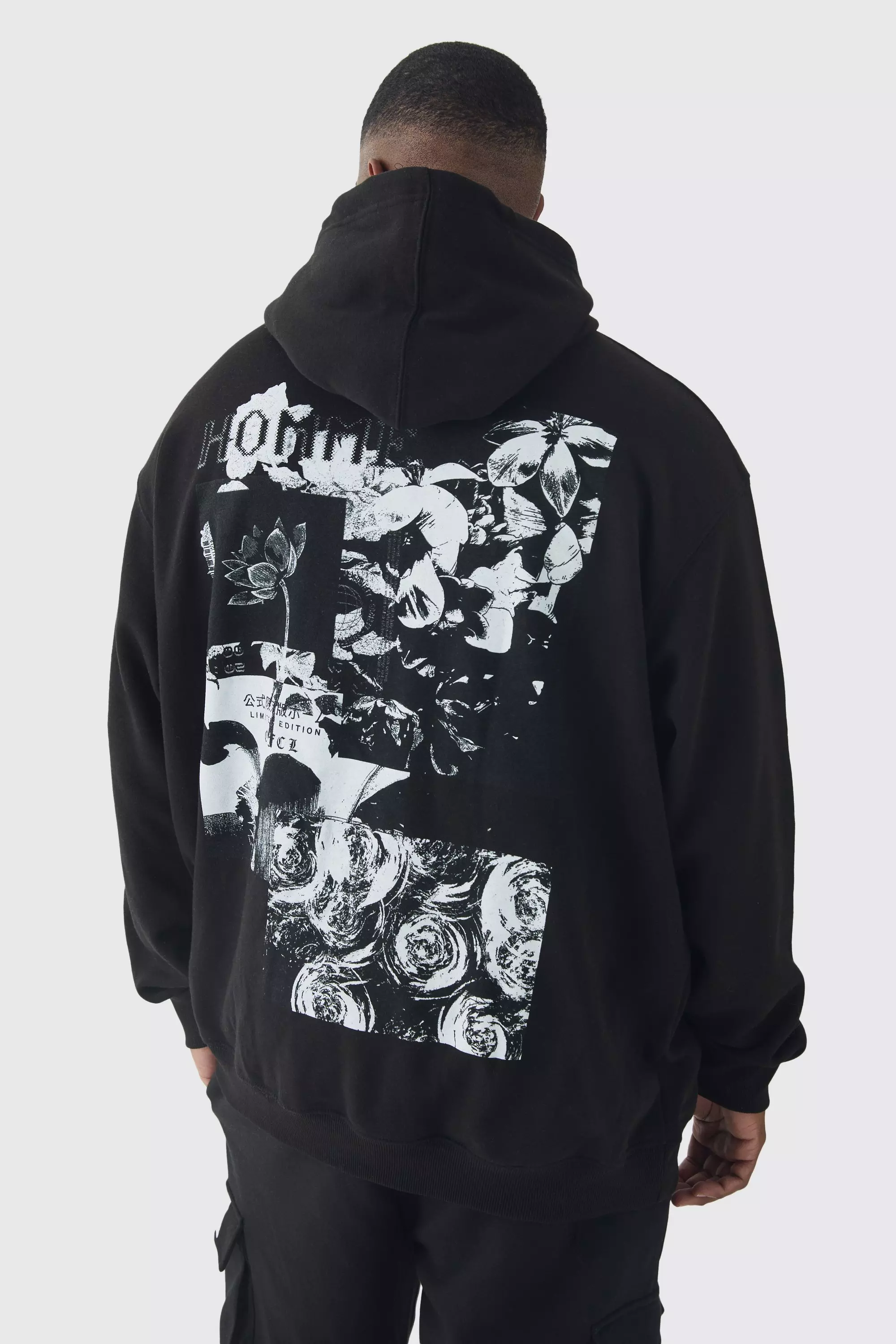 Black Plus Homme Spliced Floral Graphic Oversized Hoodie