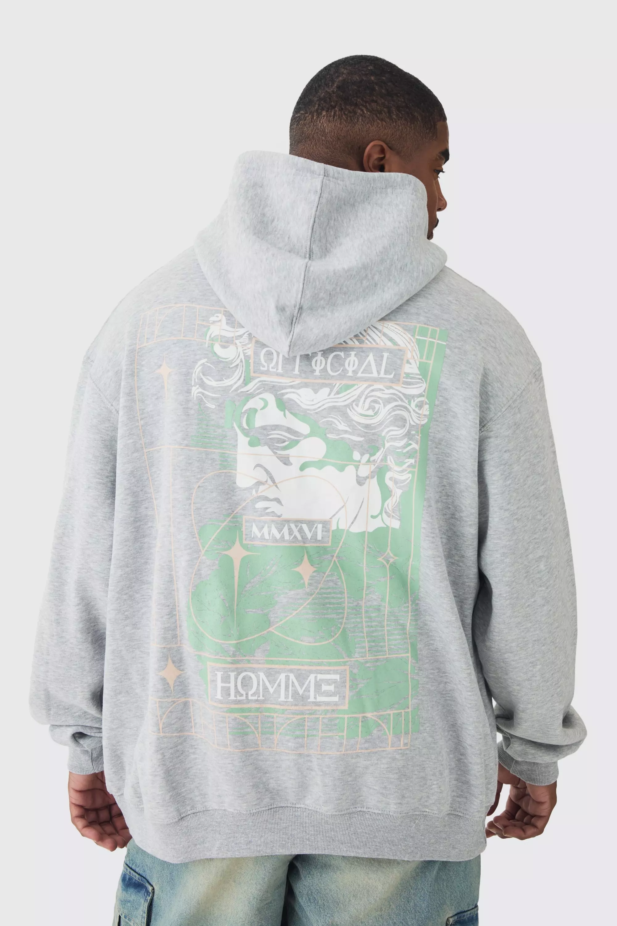 Grey Plus Homme Statue Back Printed Hoodie