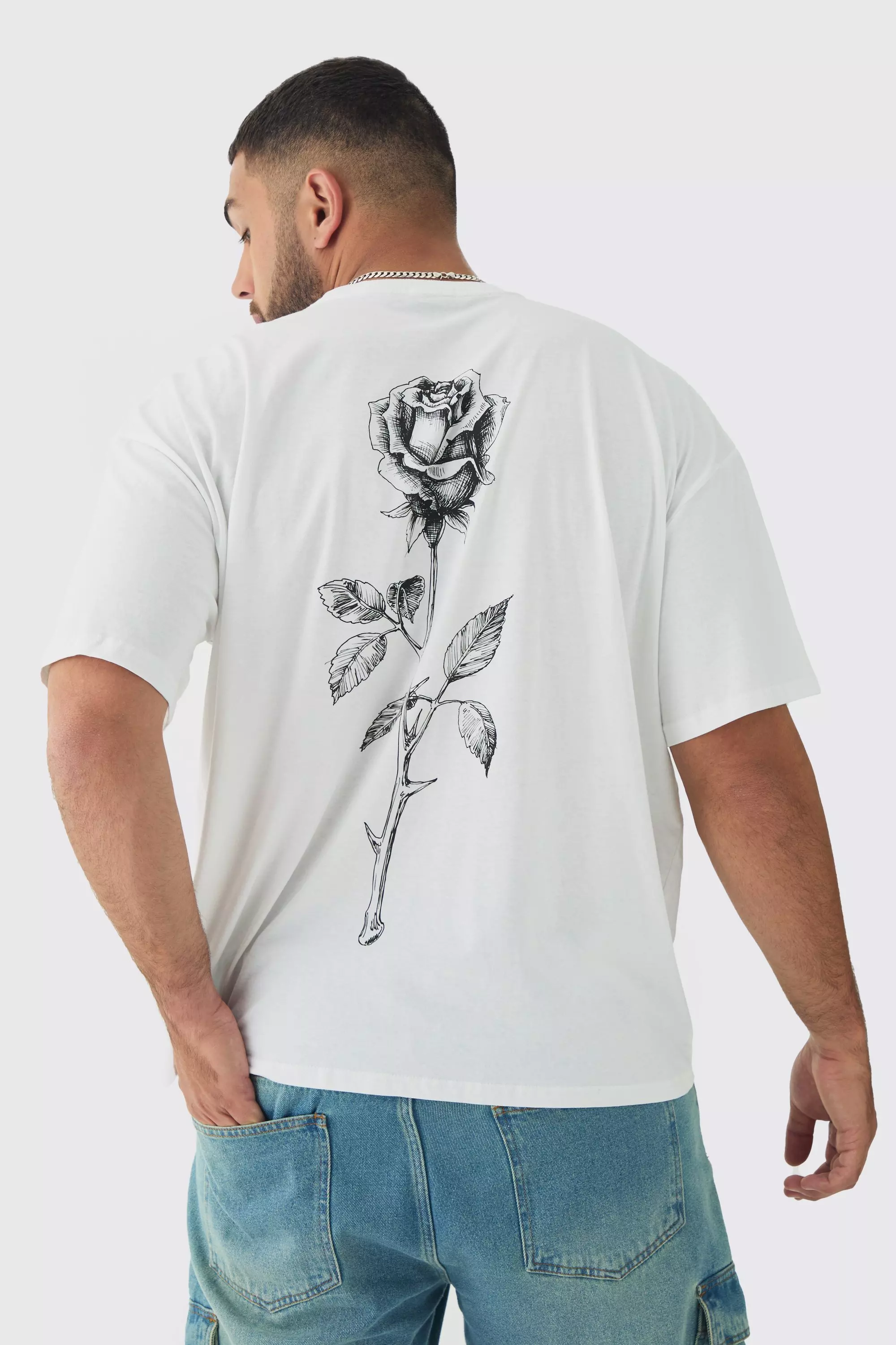 White Plus Rose Back Printed Oversized T-Shirt