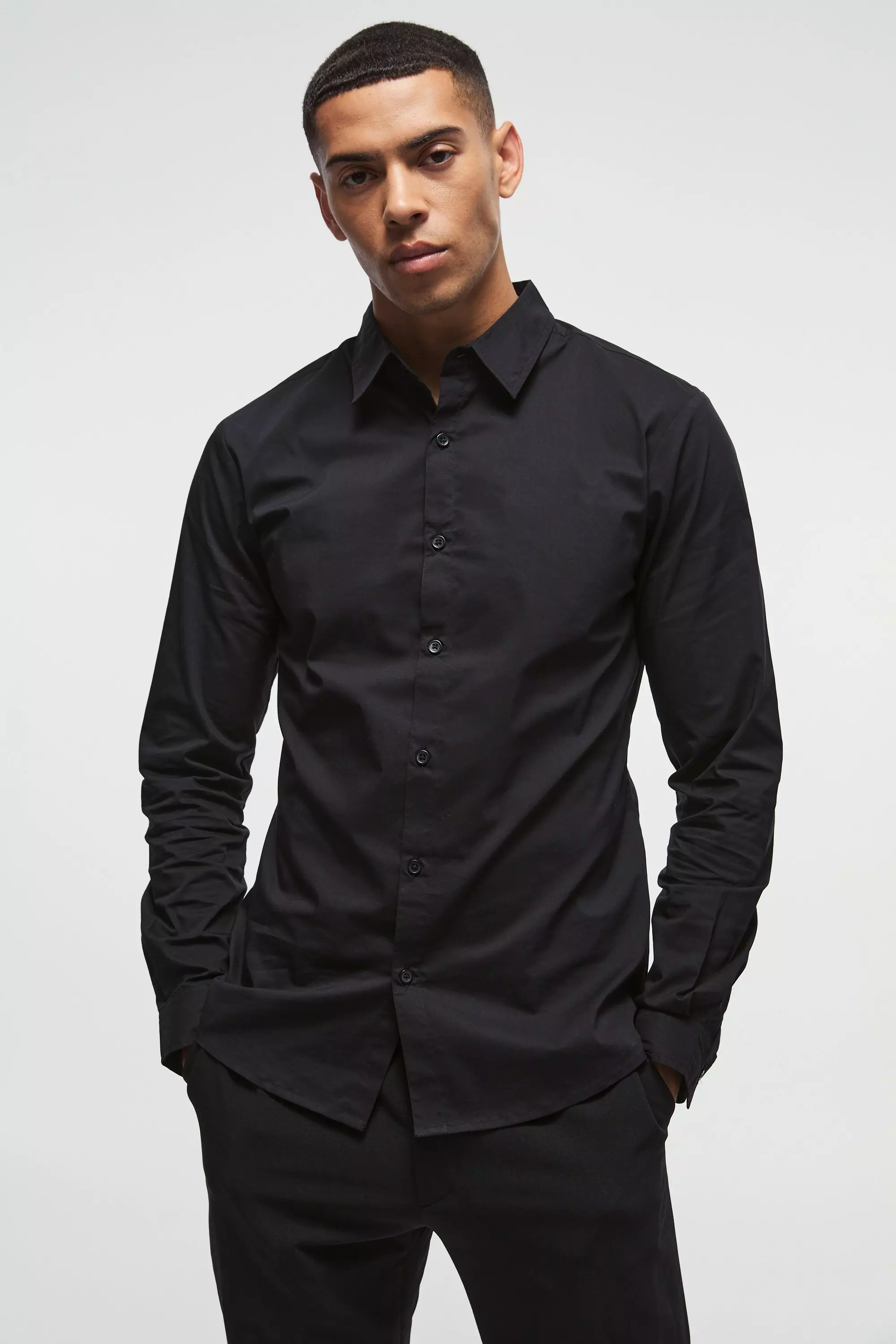 Black Slim Fit Overhemd Met Lange Mouwen alternatieve afbeelding
