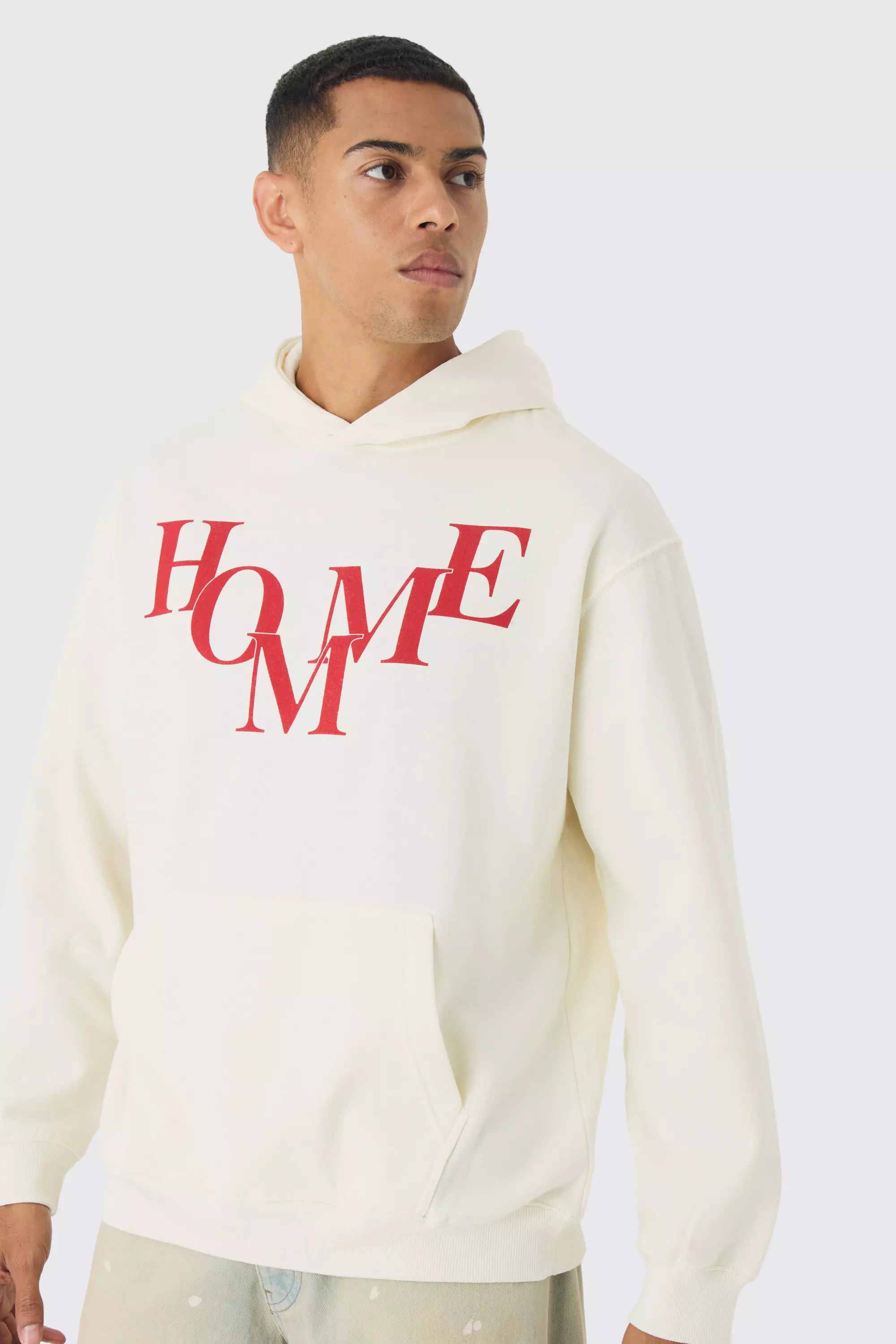 Ecru White Oversized Homme Graphic Hoodie