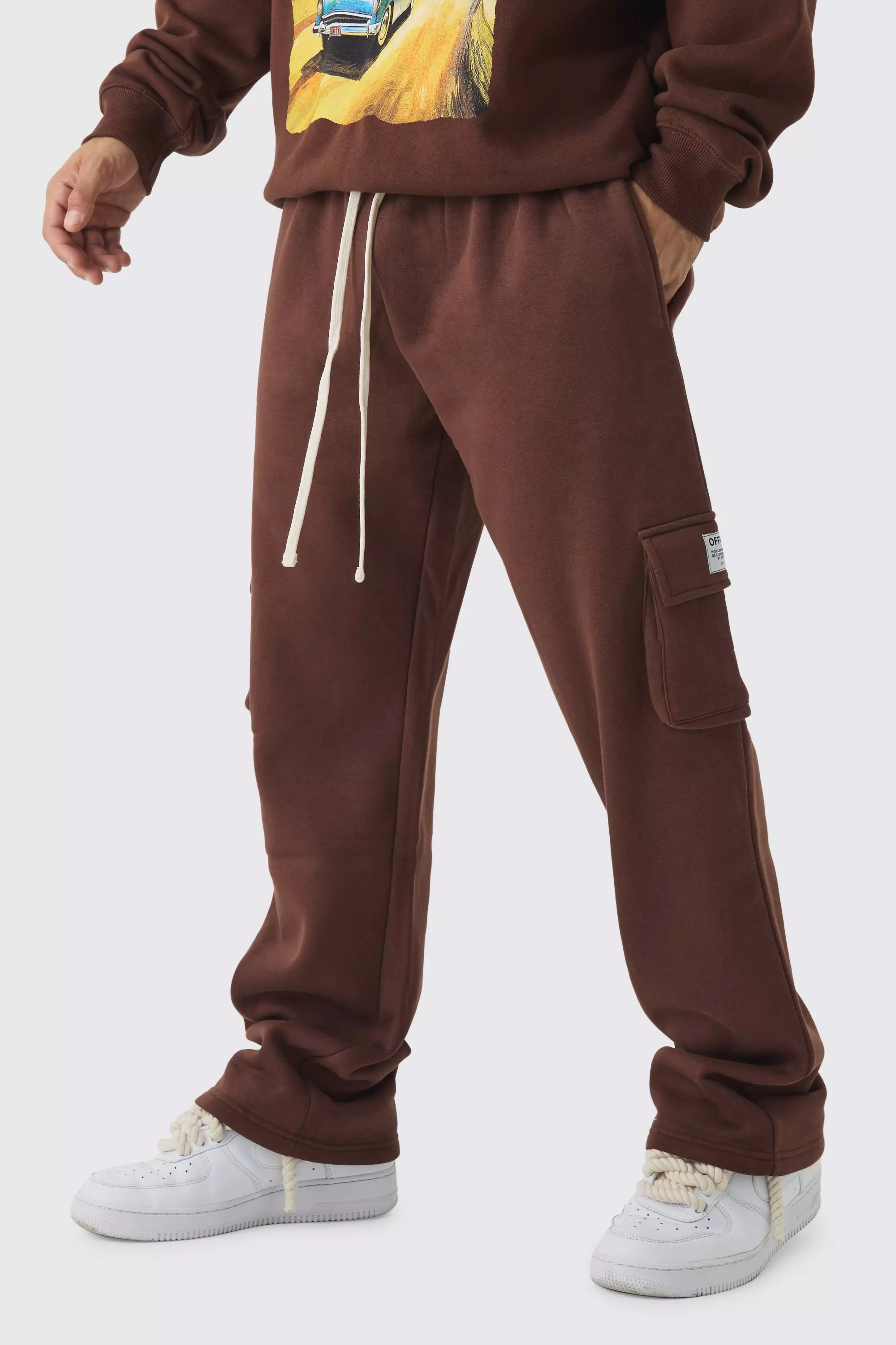 Relaxed Fit Woven Tab Basic Cargo Sweatpants Chocolate