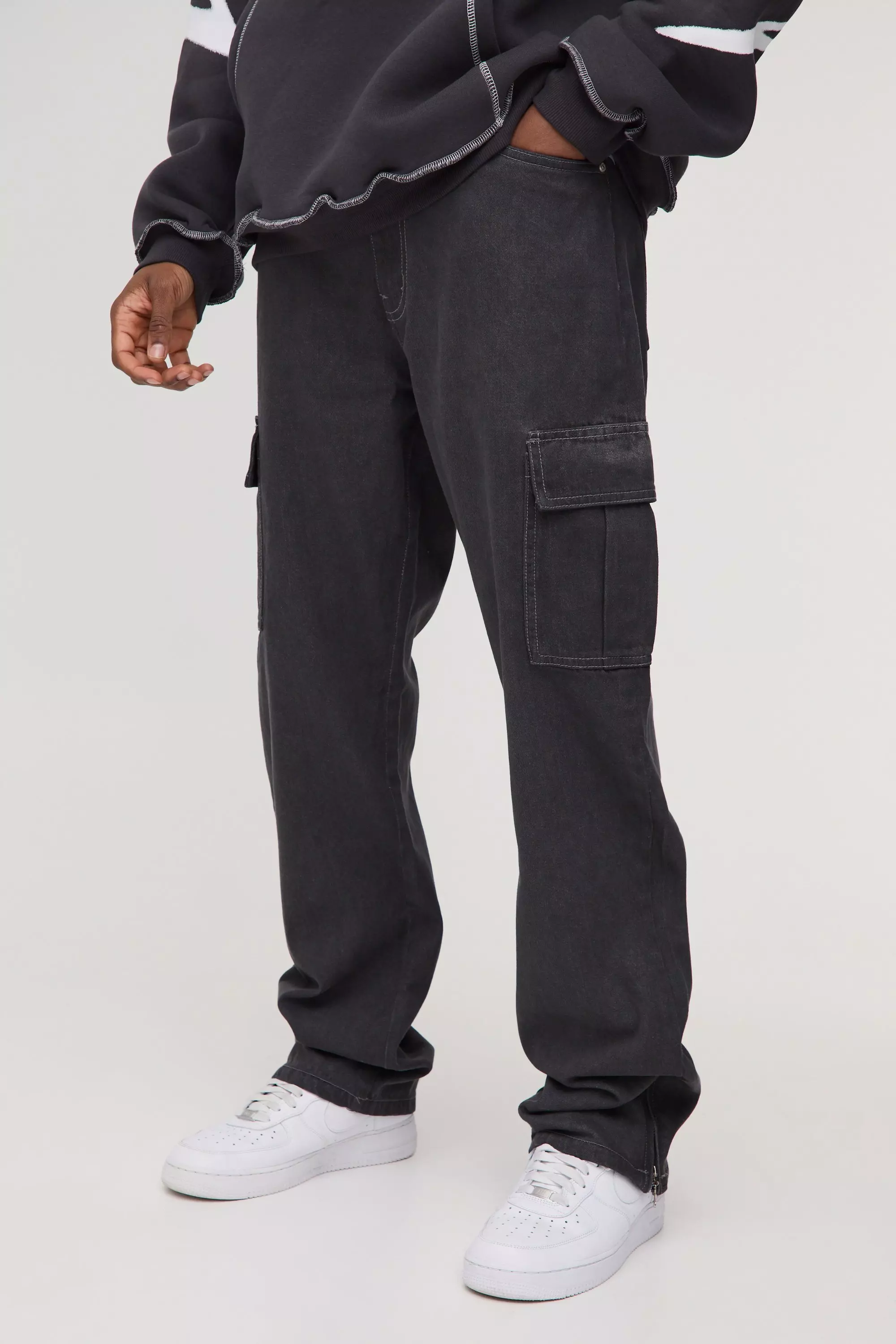 Grey Tall Zip Hem Straight Fit Cargo Jeans