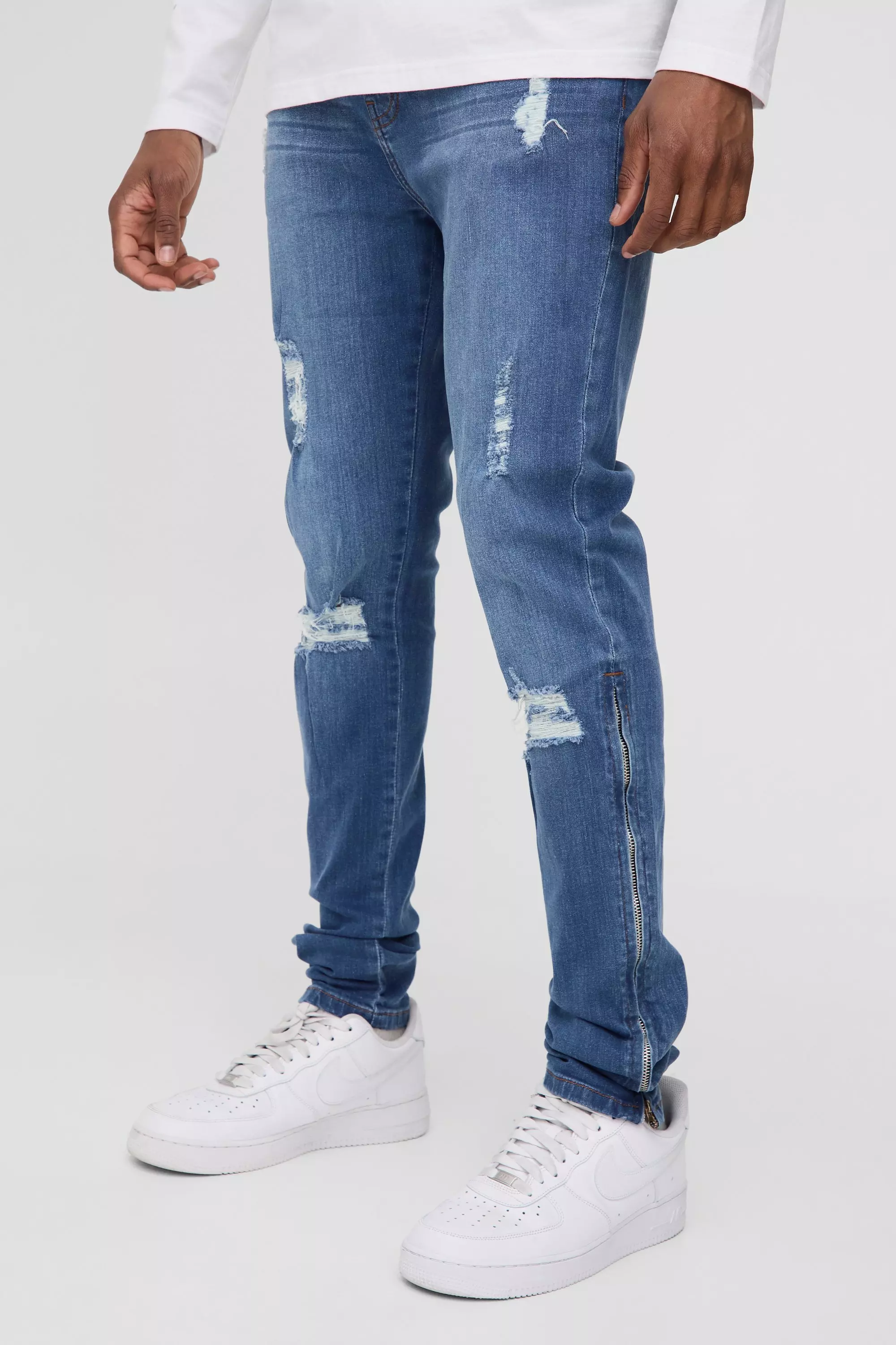 Tall Stretch Skinny Zip Hem Ripped Jeans Mid blue