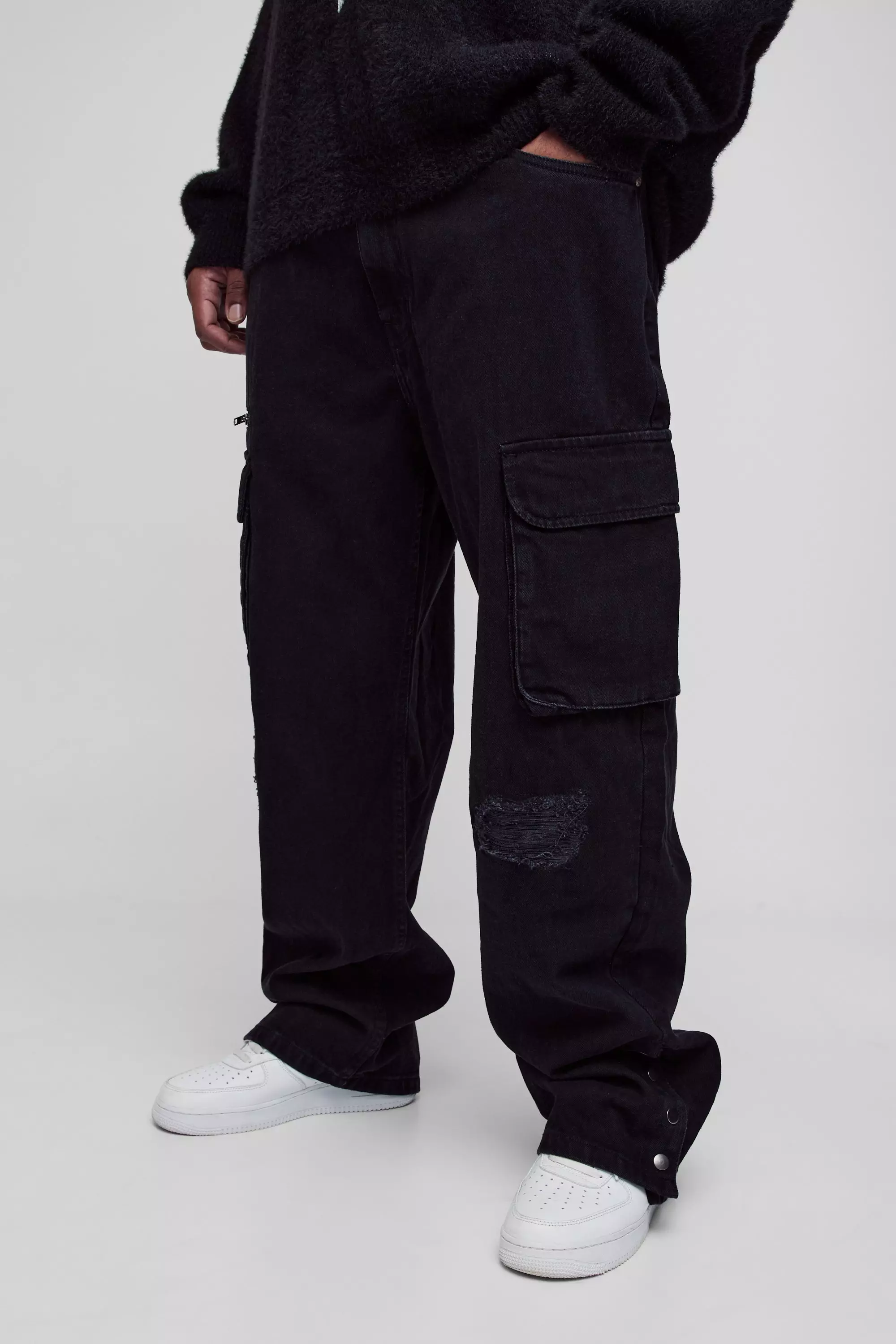 Plus Straight Fit Rip & Repair Popper Hem Cargo Jeans Black