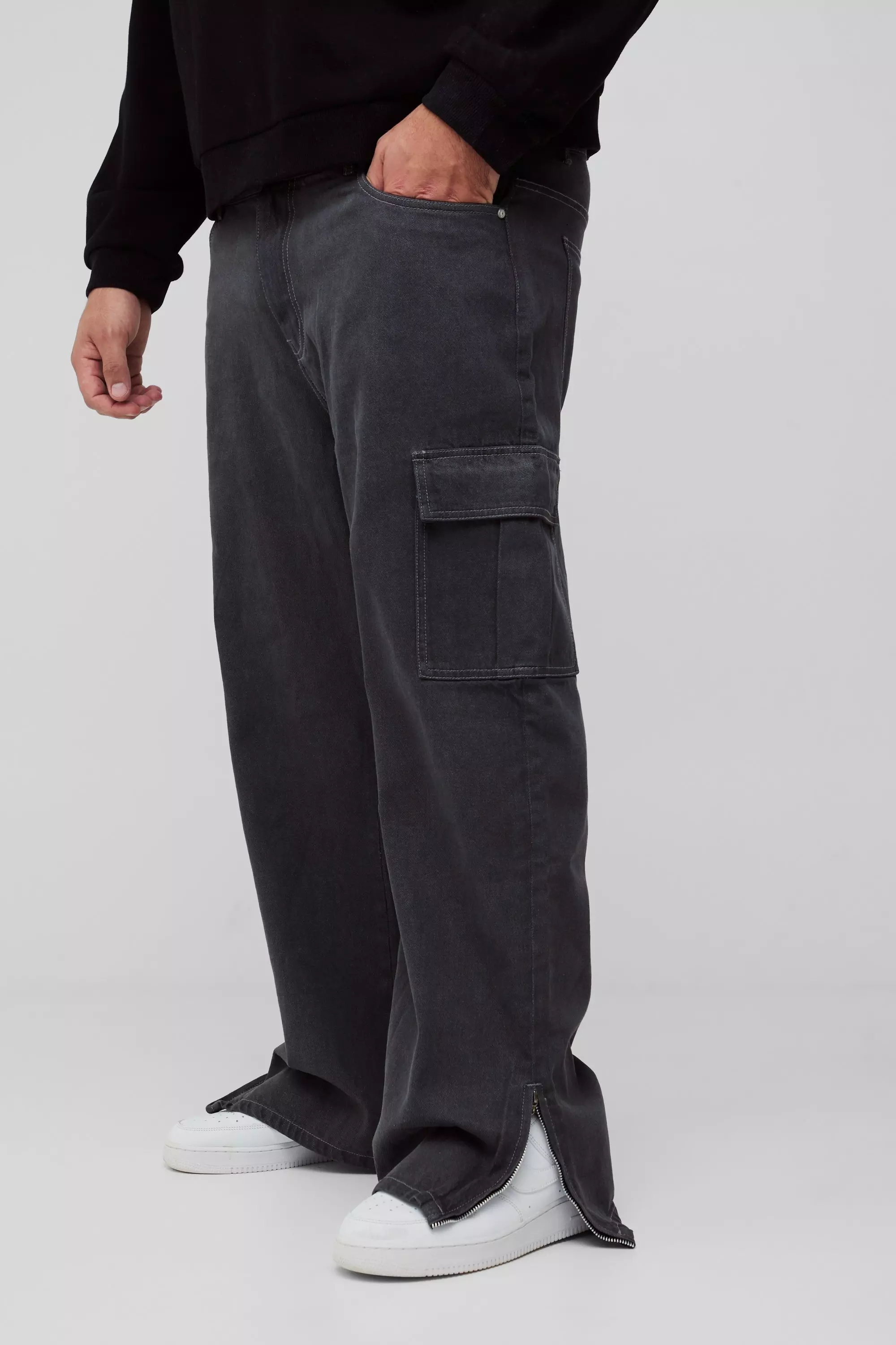 Plus Zip Hem Straight Fit Cargo Jeans Mid grey