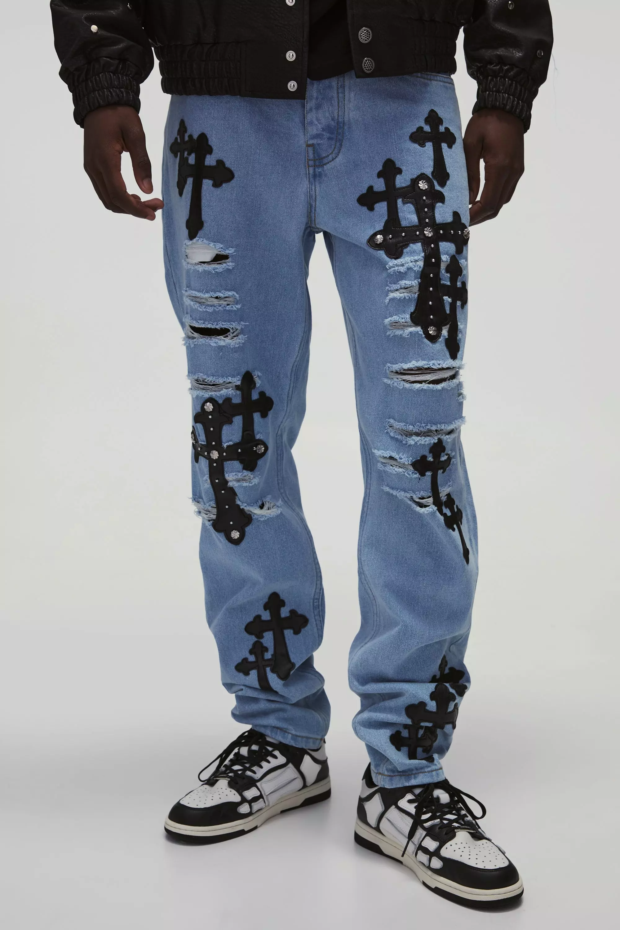 Slim Stacked Studded Cross Applique Ripped Jeans Light wash