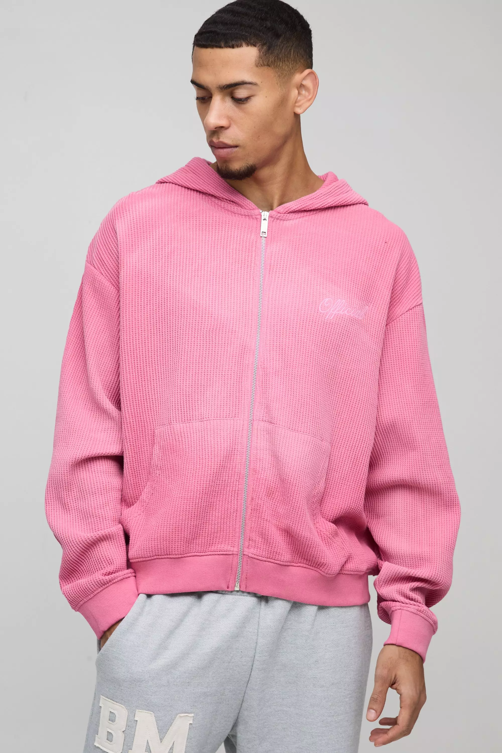 Oversized Spray Wash Heavy Waffle Embroidered Zip Through Hoodie Pink