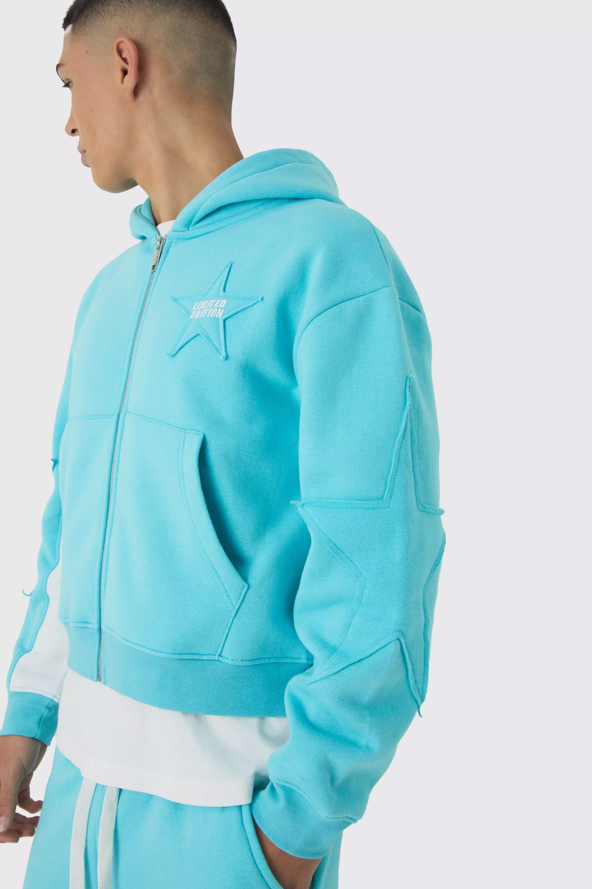 Shrunken Star Applique Zip Through Hoodie Aqua