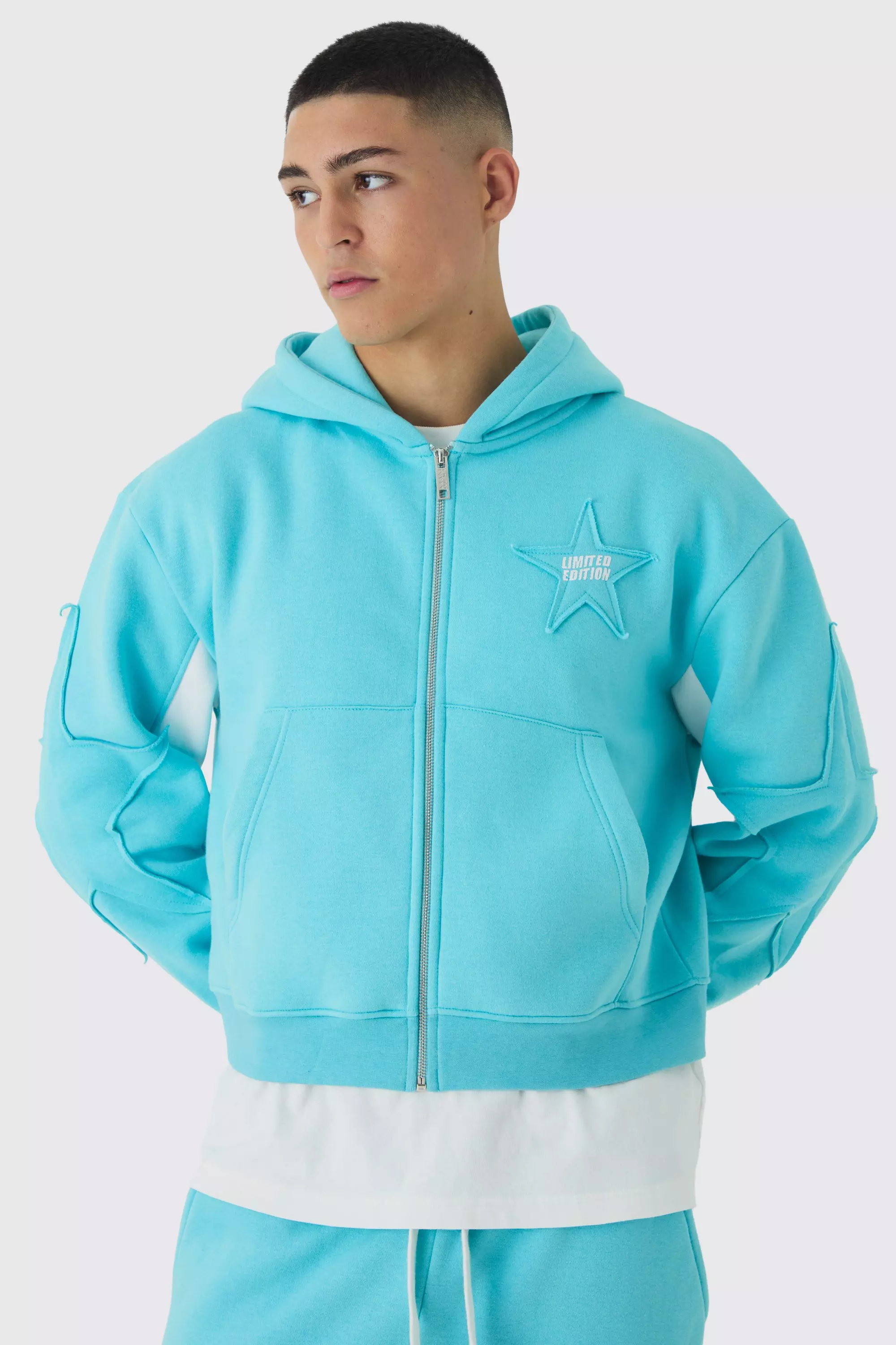 BoohooMAN Mens Shrunken Star Applique Zip Through Hoodie Blue