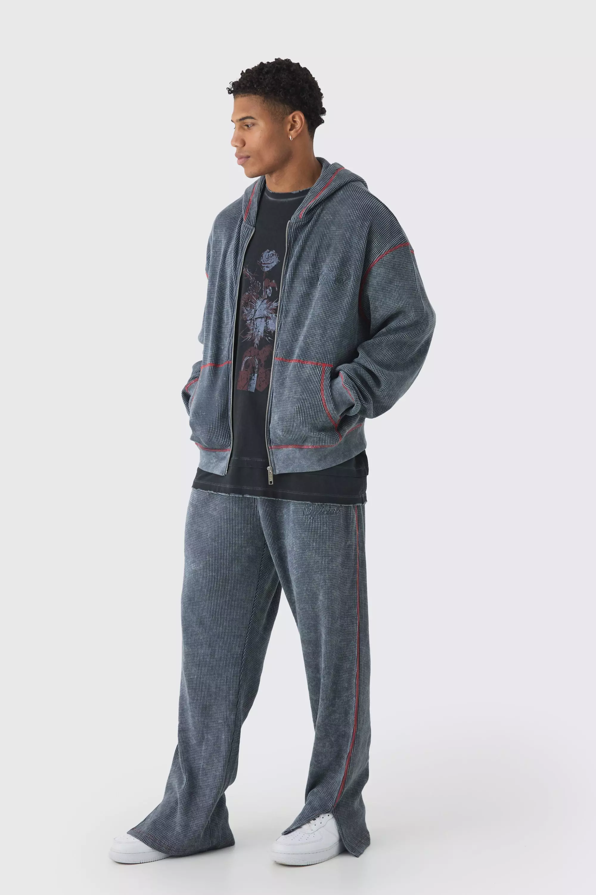 Oversized Boxy Contrast Stitch Acid Wash Heavy Waffle Zip Through Hooded Tracksuit Charcoal