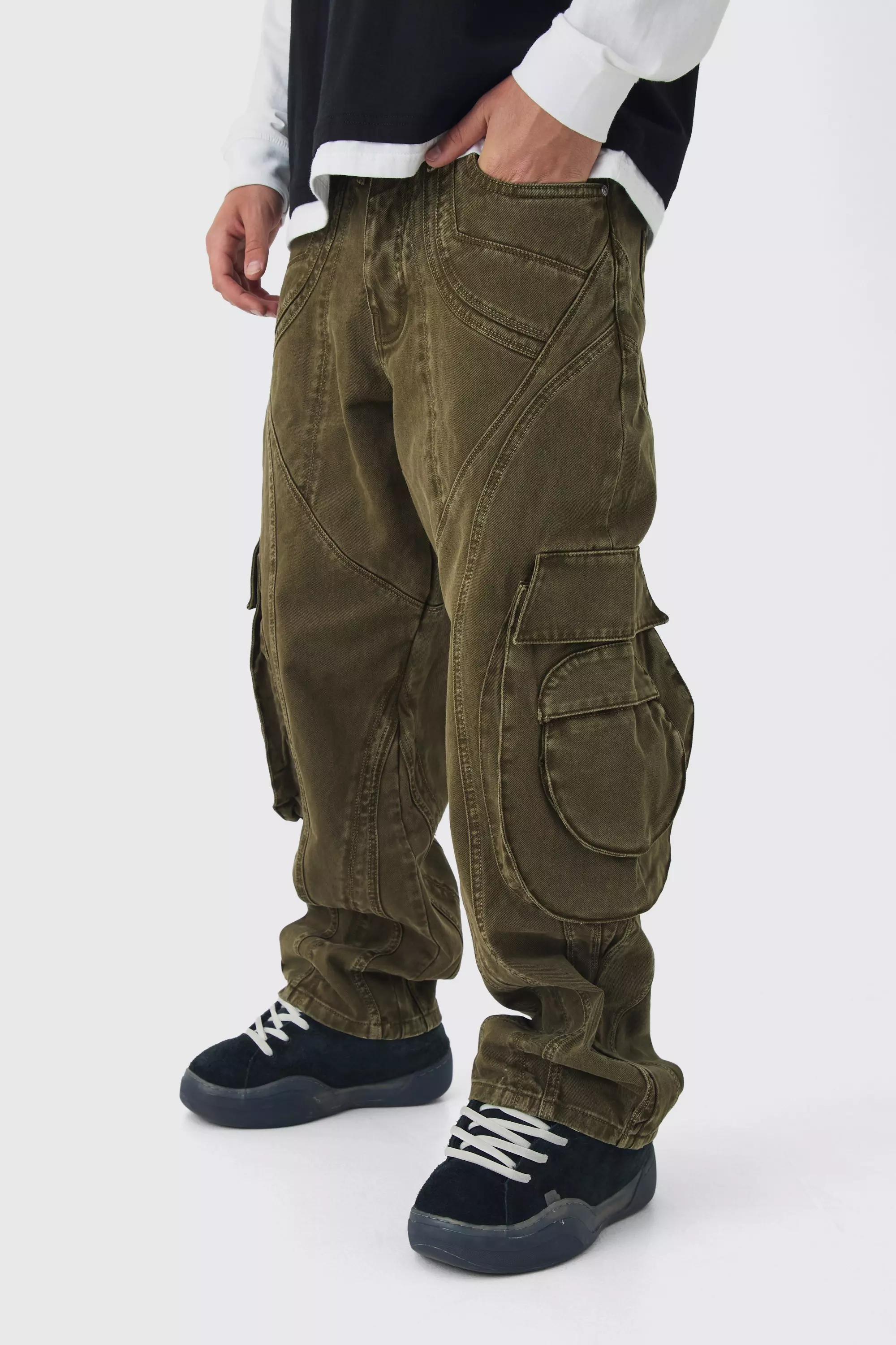 Green Relaxed Heavyweight Twill Panelled Cargo Pants