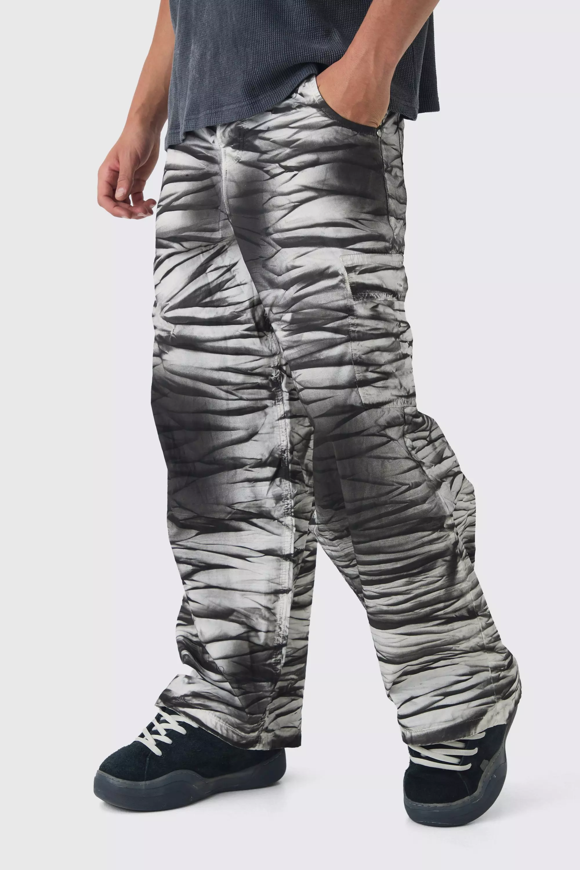 White Extreme Parachute Crinkle Printed Poplin Cargo Pants