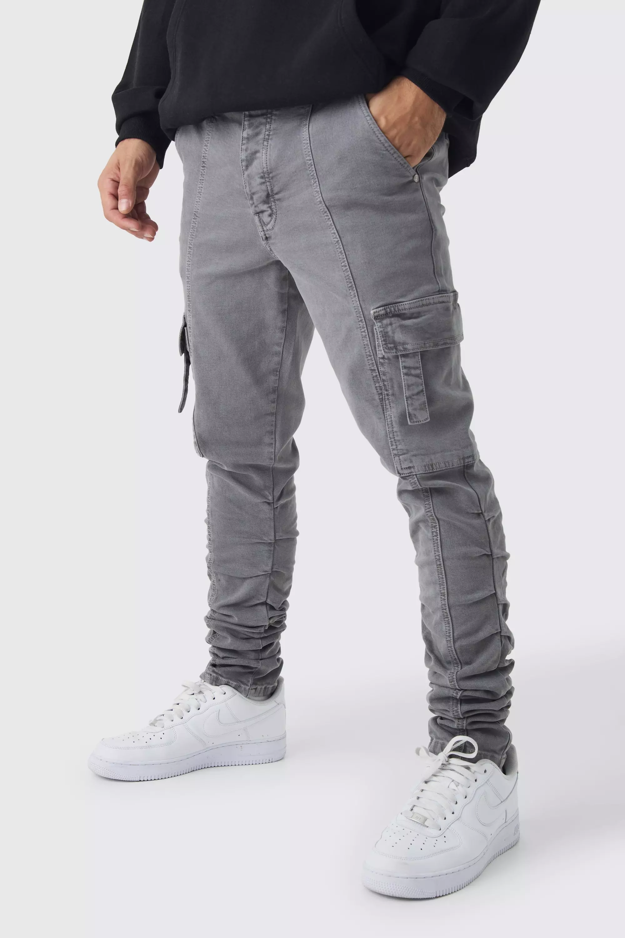 Skinny Stacked Ruched Strap Cargo Trousers Slate