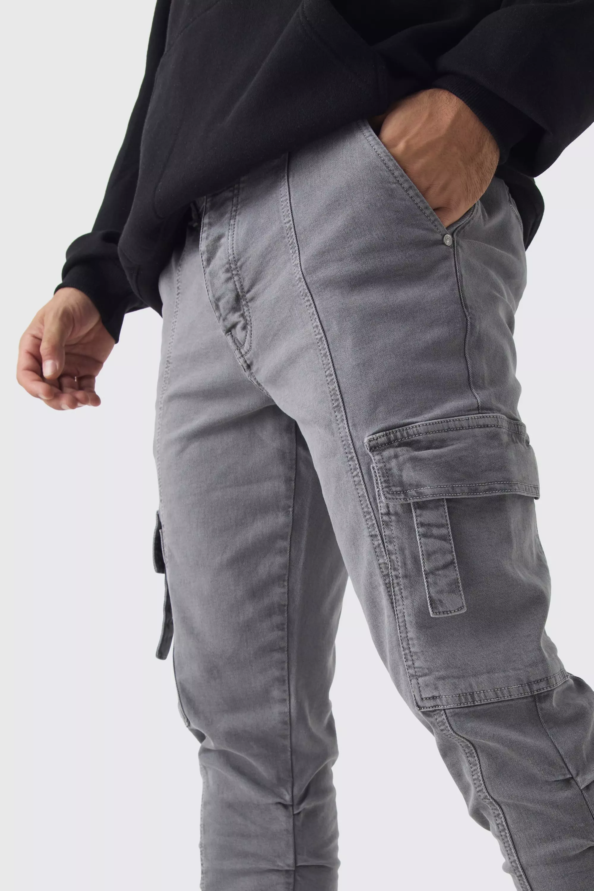 Skinny Cargo-Hose mit gerafften Trägern, Slate alternatives Bild