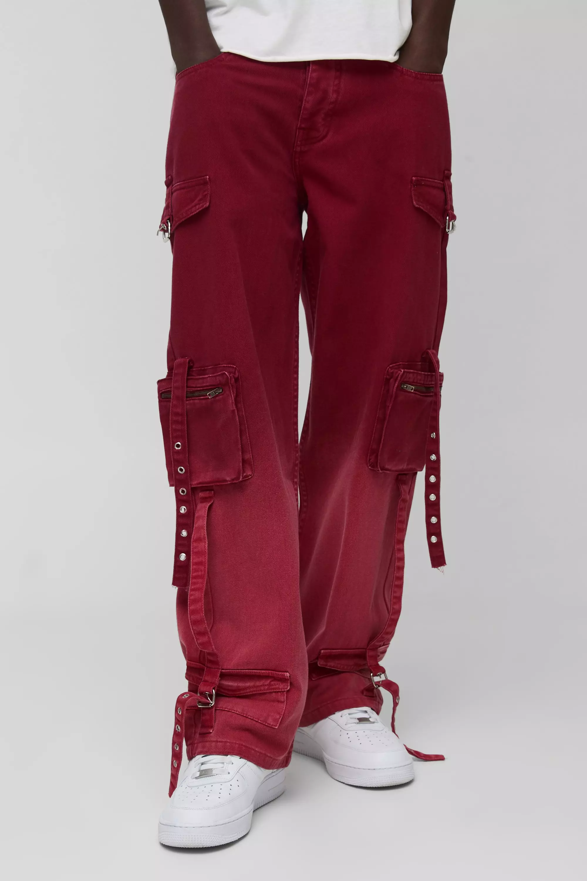 Relaxed Overdye Strap Cargo Trousers Burgundy