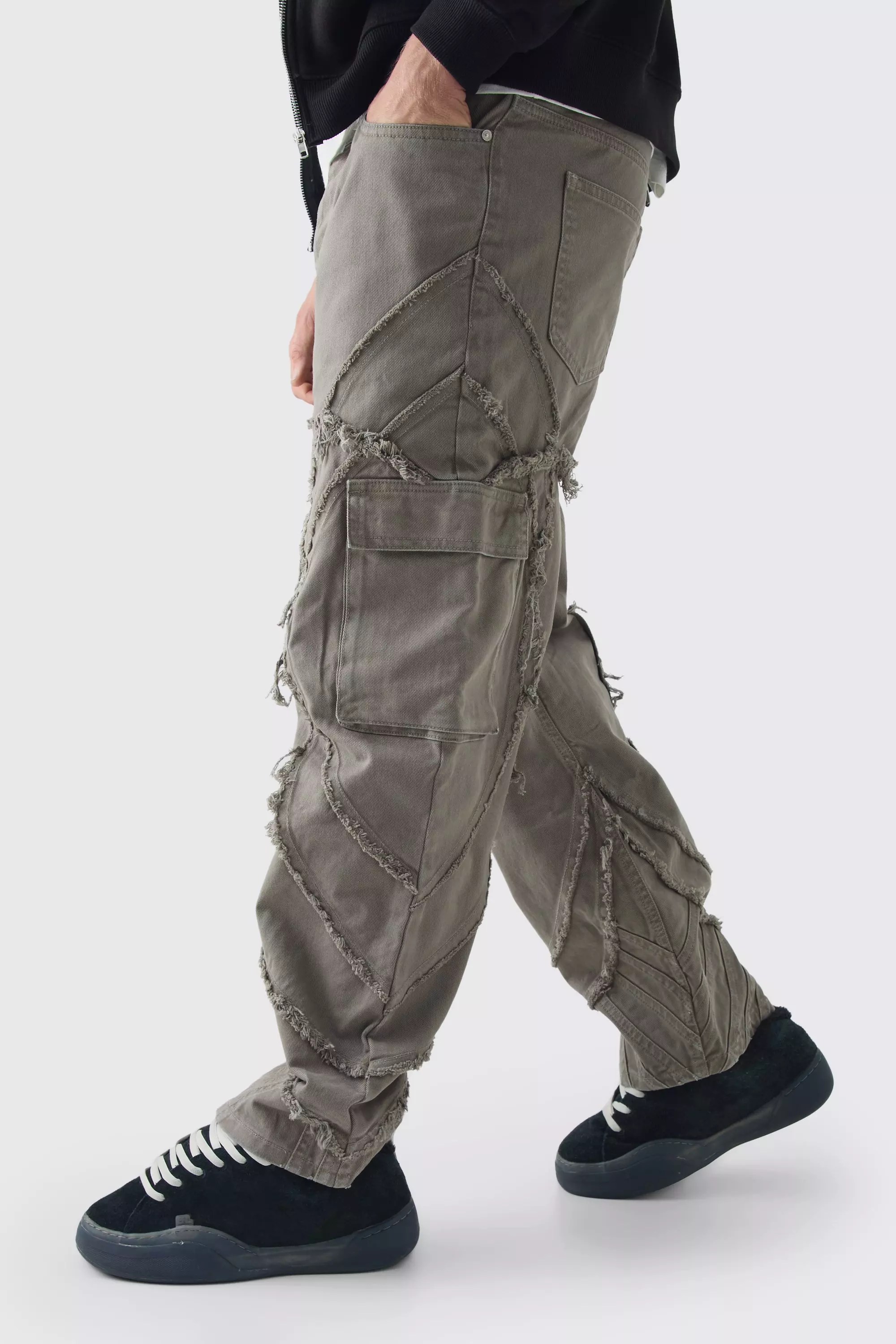 Relaxed Twill Distressed Panelled Cargo Pants Taupe