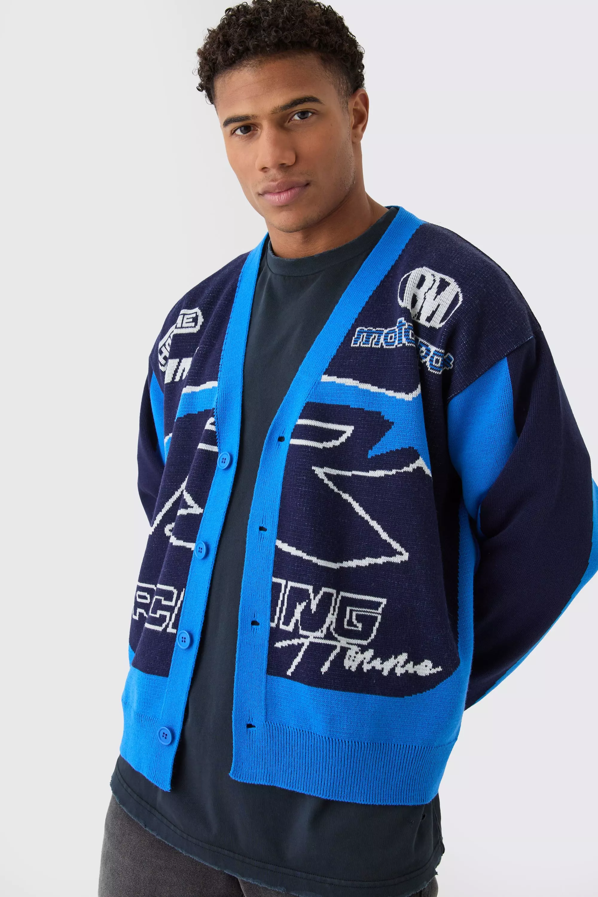 Oversized Boxy Moto Racing Knitted Cardigan Cobalt