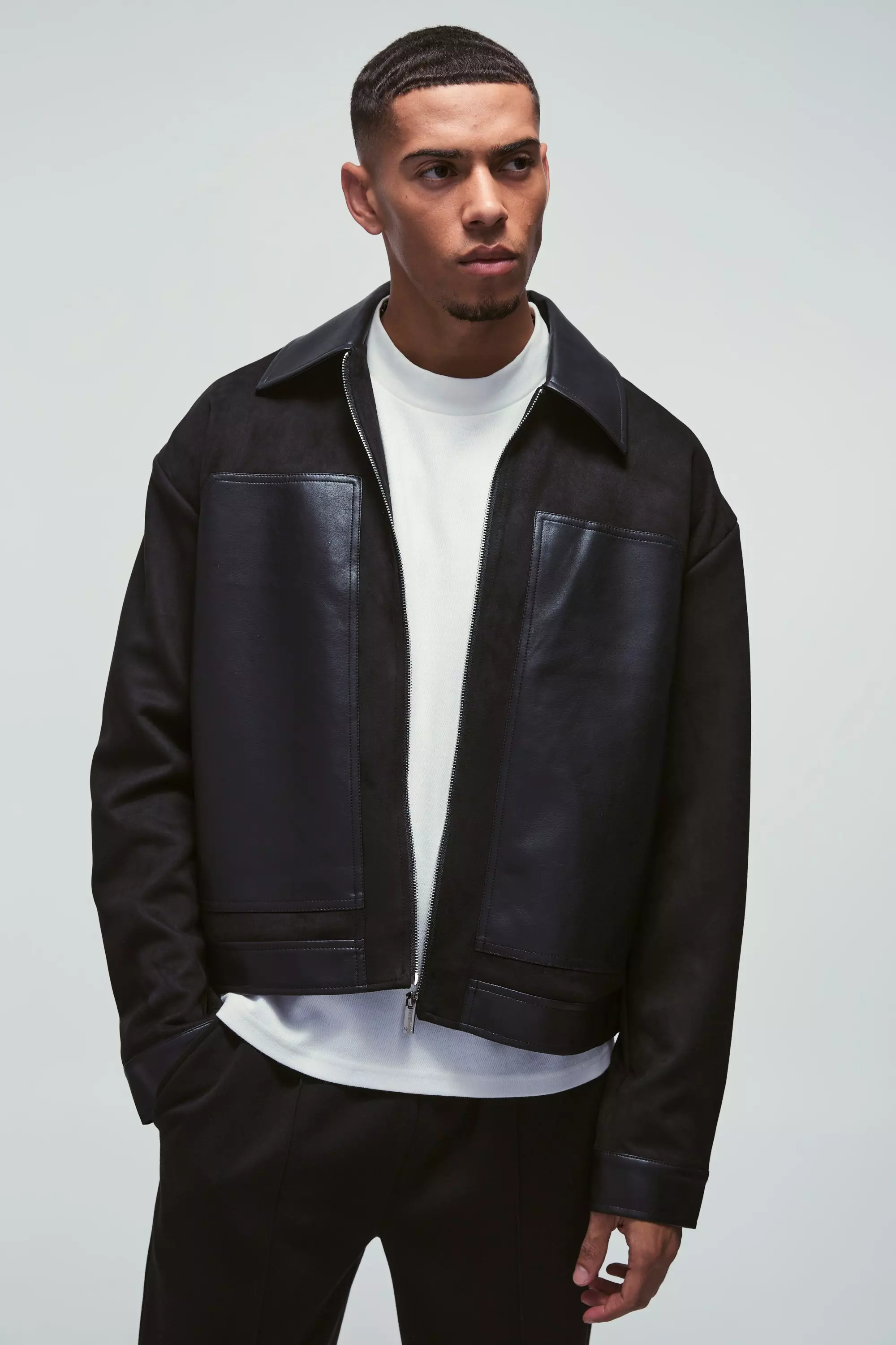 Black Faux Suede Smart Harrington with PU Panels in Black