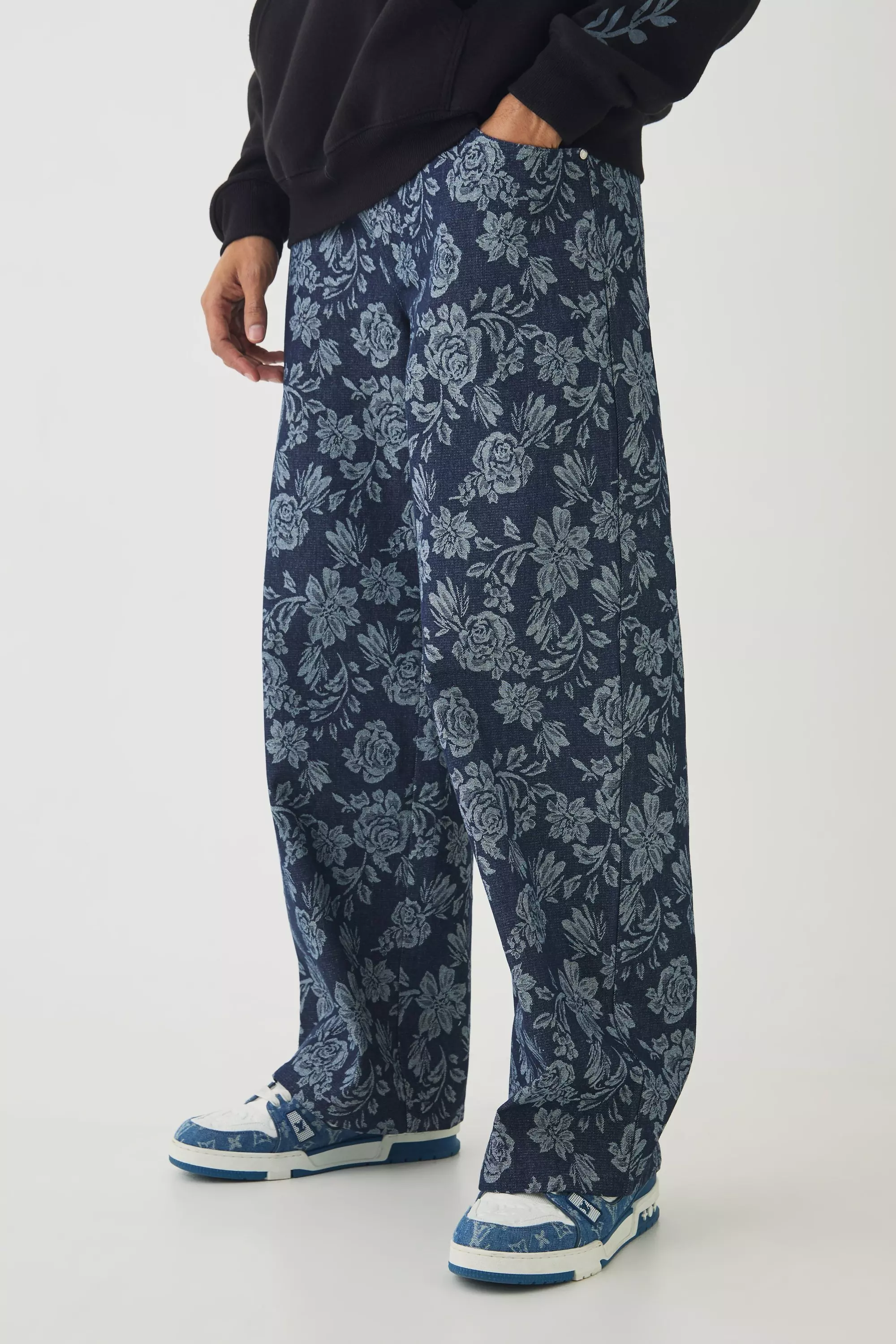 Baggy Rigid Floral Jacquard Jeans Indigo