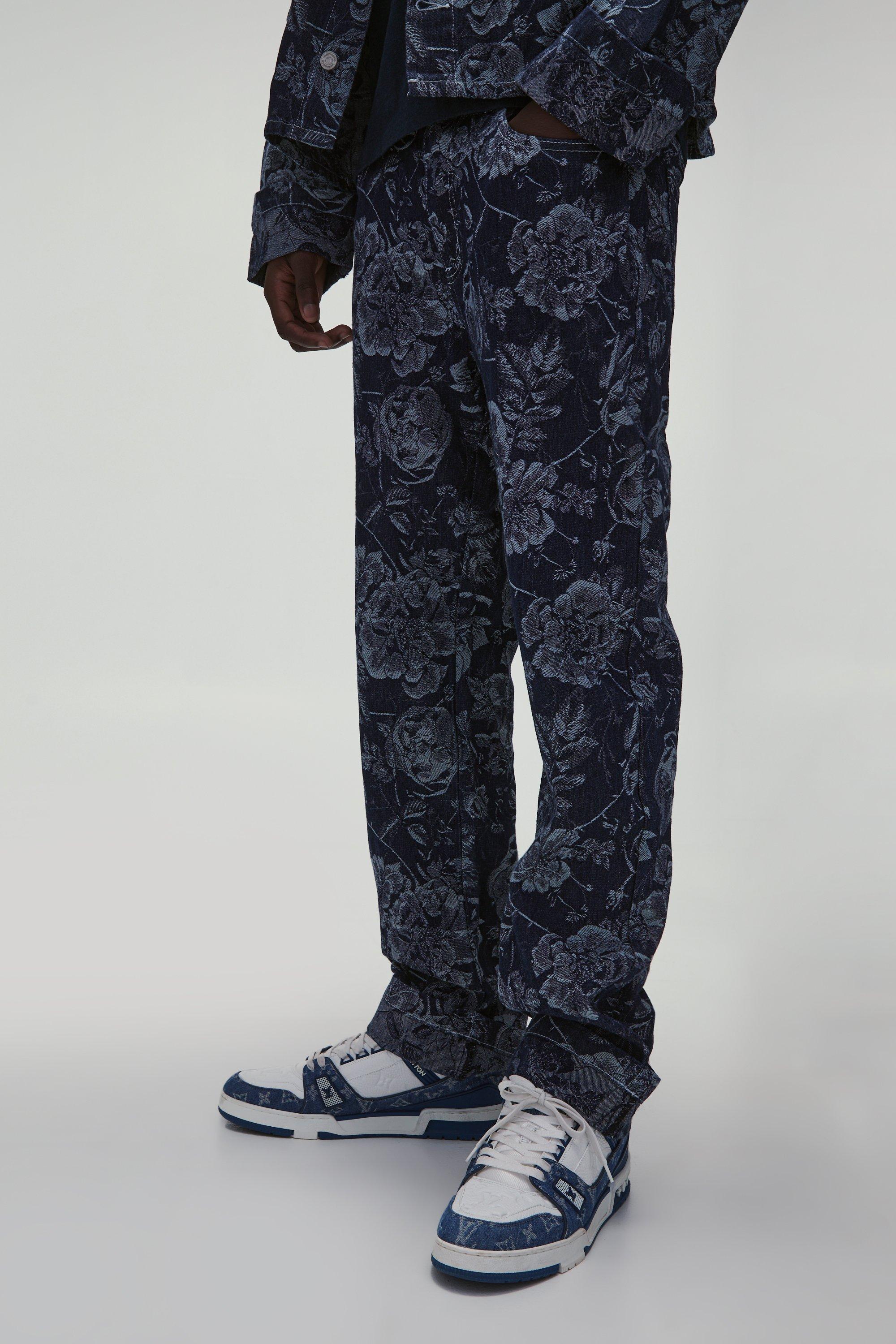 Indigo Straight Leg Floral Denim Jacquard Jeans