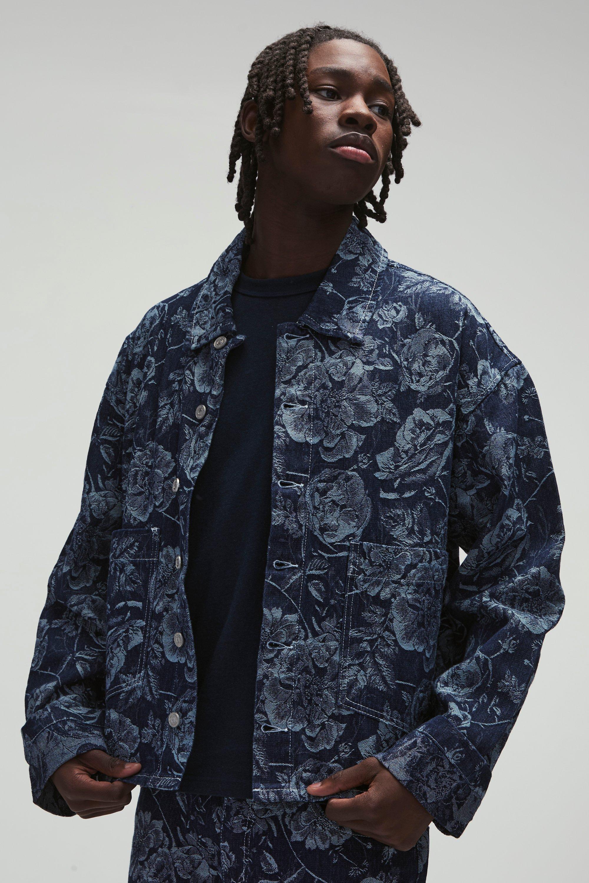 Indigo Oversized Jacquard Bloemen Denim Overhemd