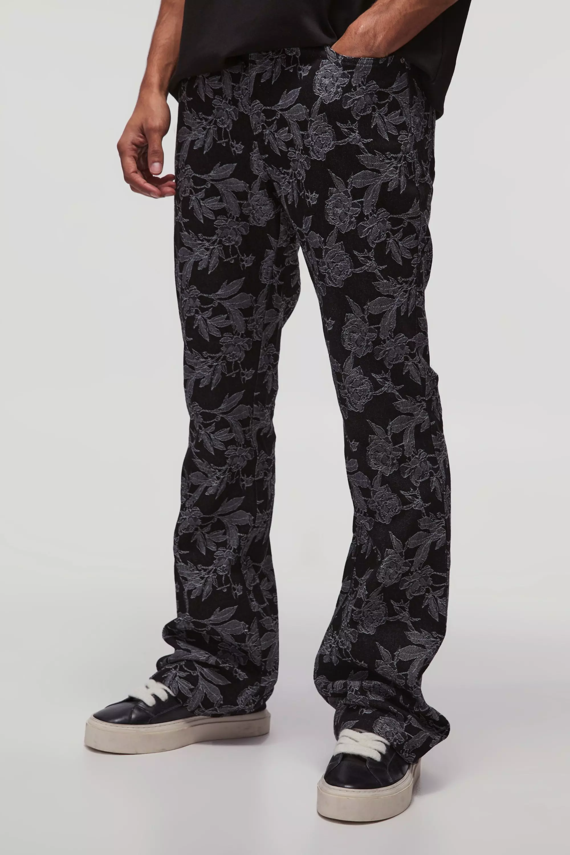 Slim Flared Stacked Rigid Floral Jacquard Jeans Black