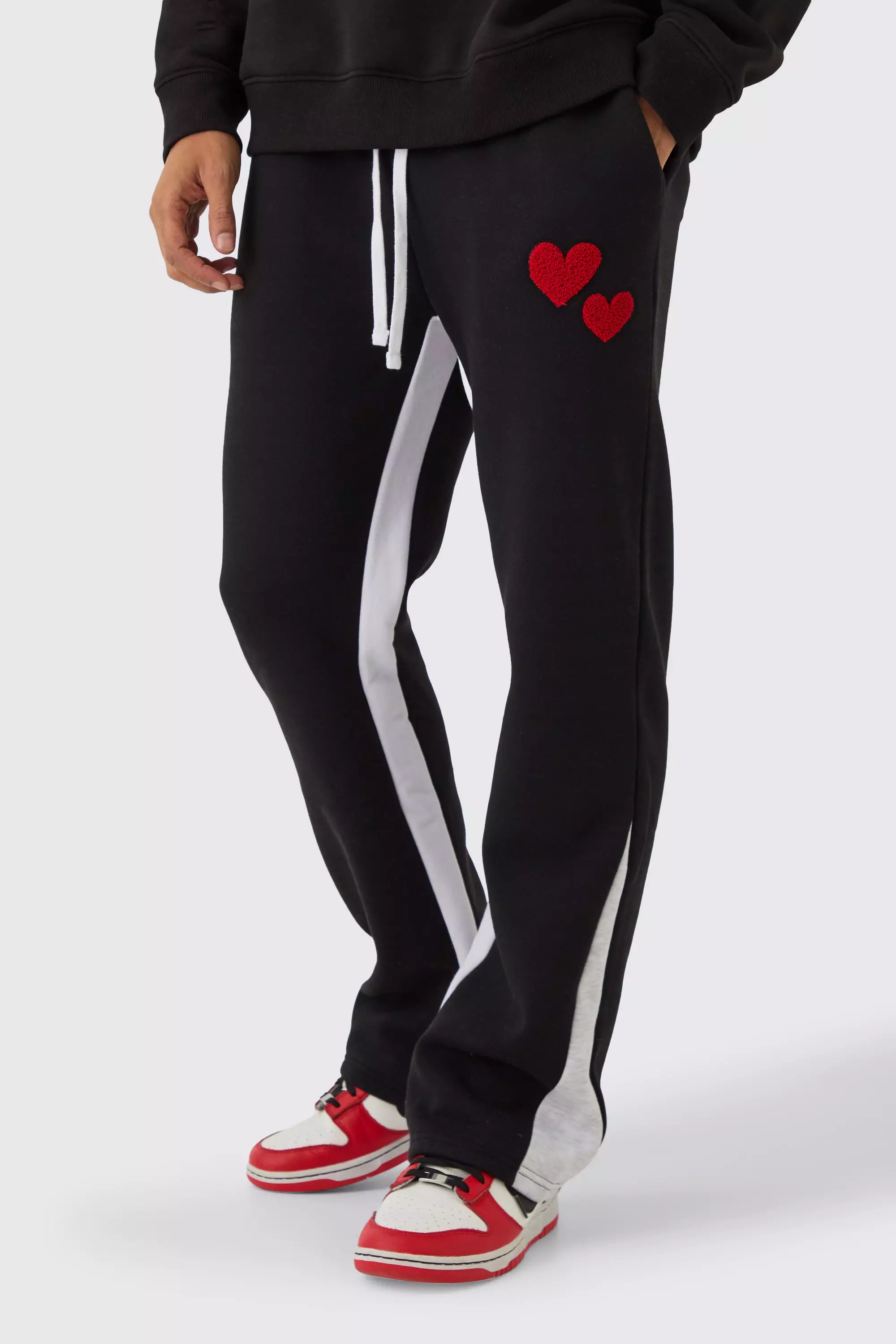 Regular Fit Heart Borg Applique Gusset Sweatpants Black