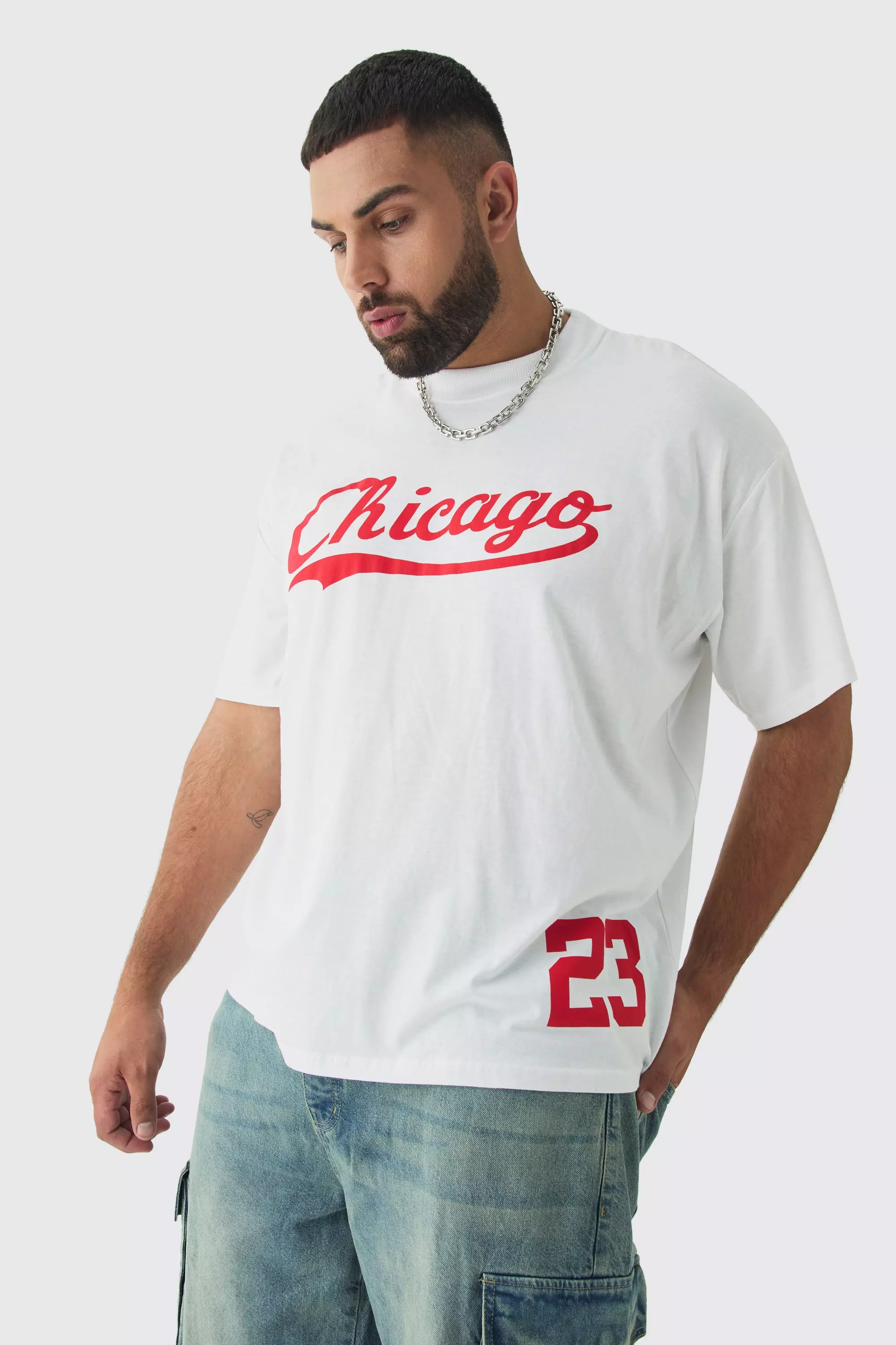 Plus Oversized Chicago Varsity Print T-shirt White