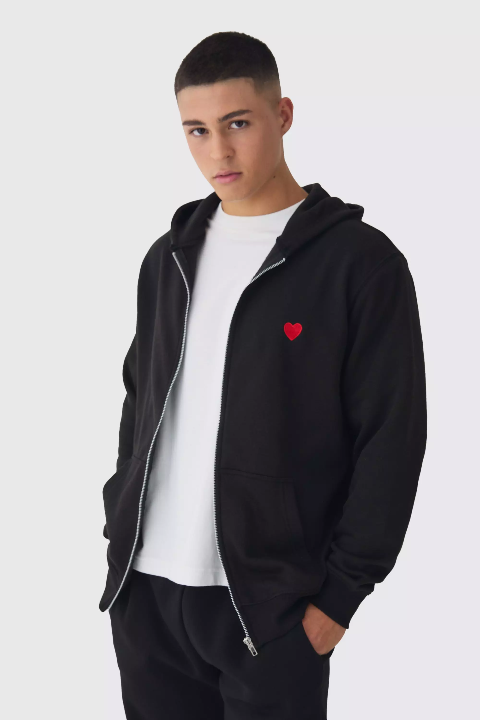 Zip Through Heart Embroidered Hoodie Black