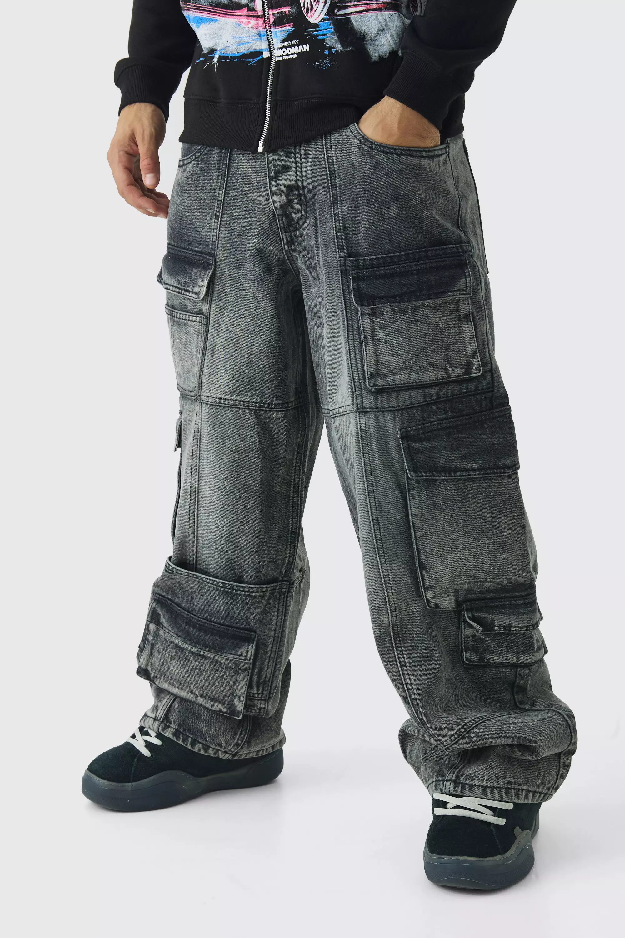 Black Baggy Fit Acid Wash Denim Cargo Jeans