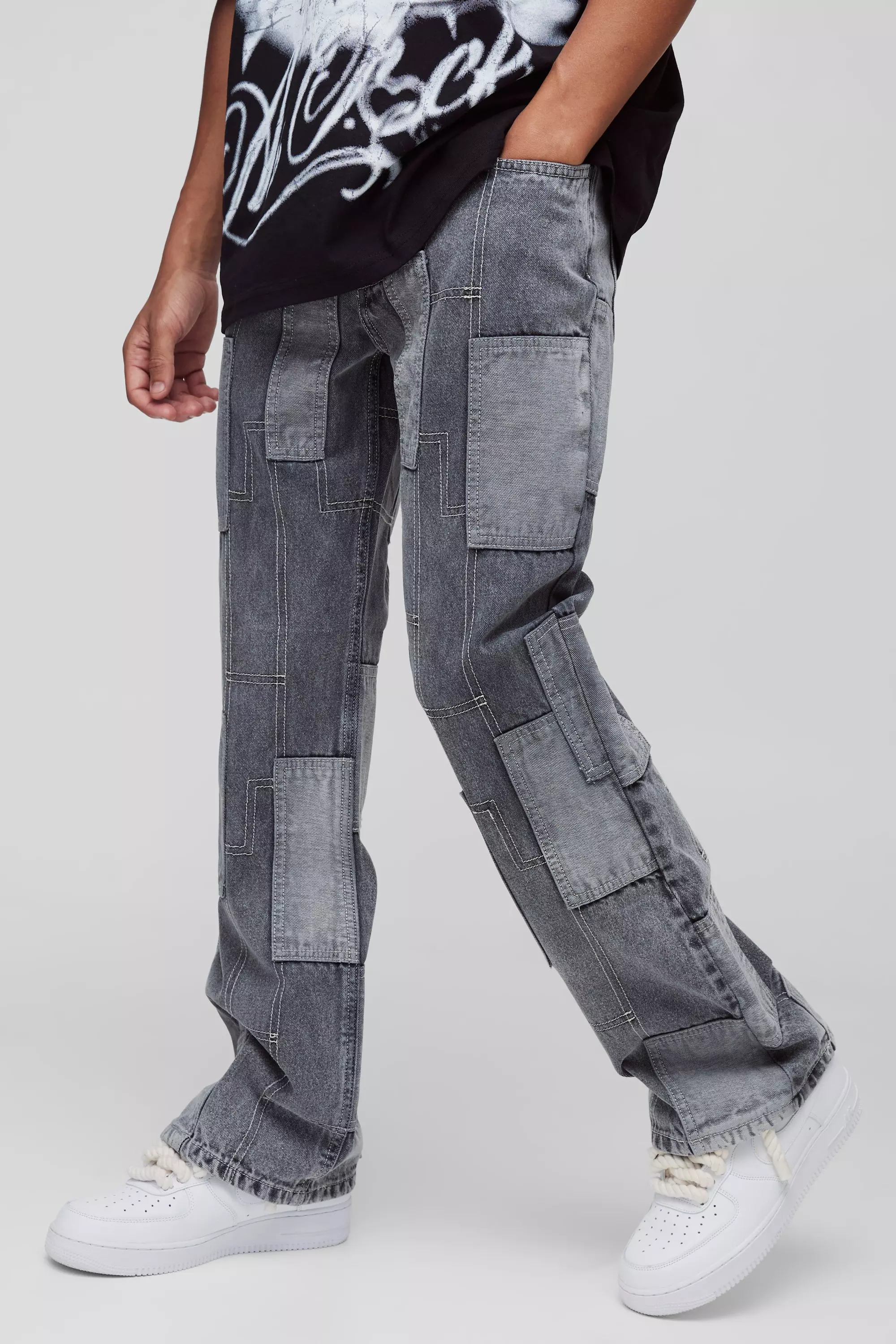 Relaxed Flared Patchwork Contrast Stitch Jeans Charcoal