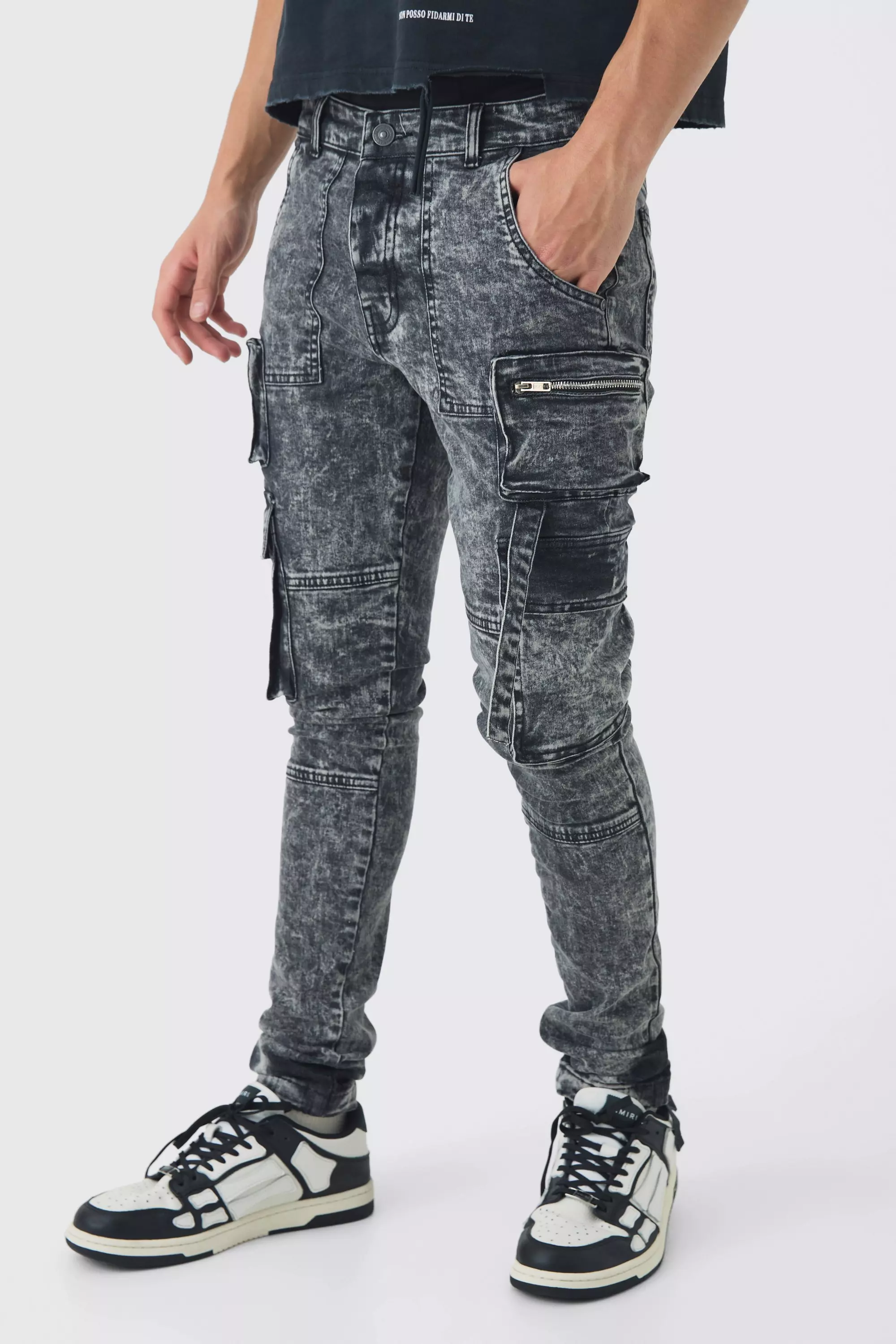 Super Skinny Stretch Black Acid Wash Cargo Jeans Black