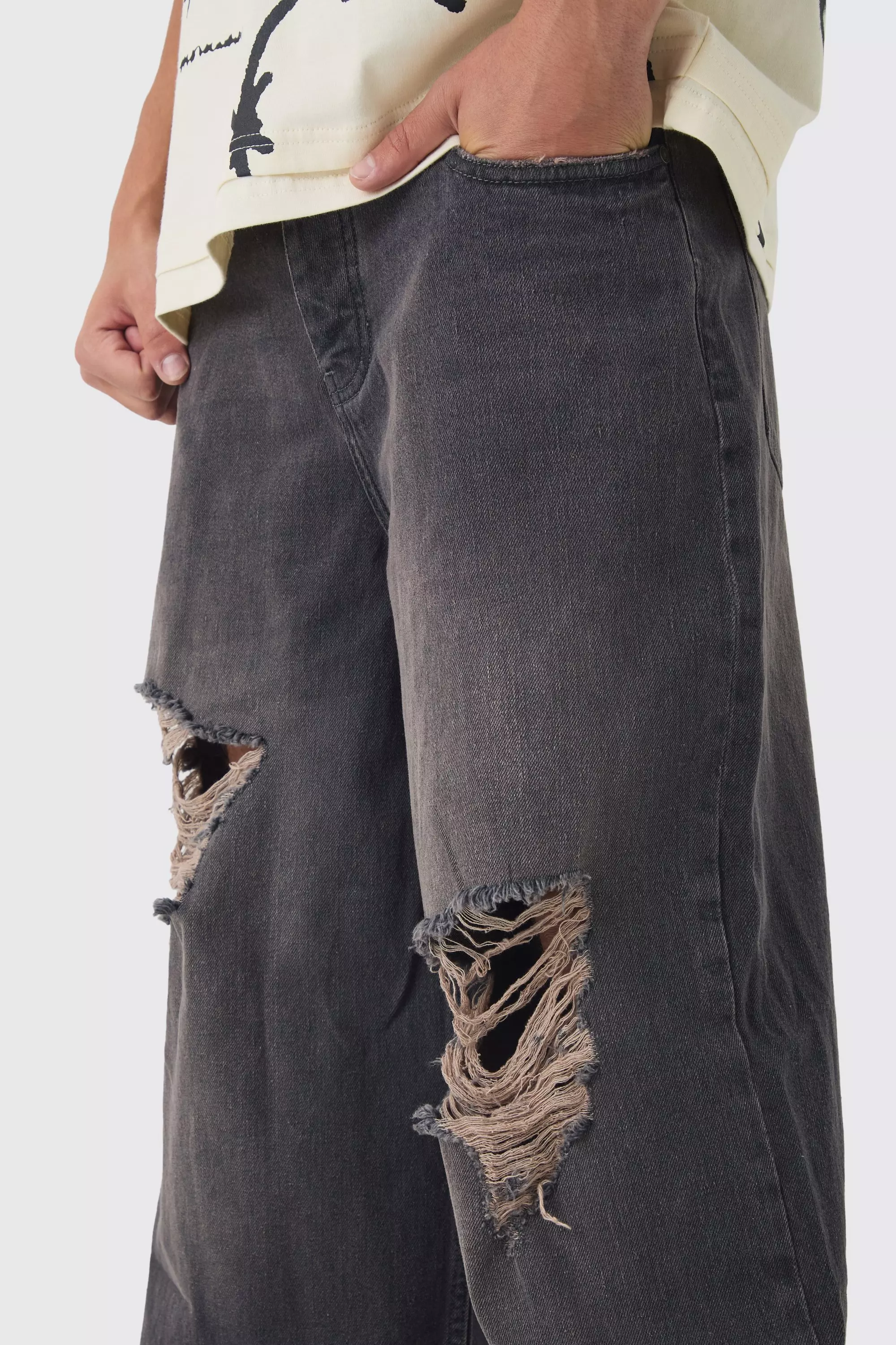 Wide Leg Rigid Star Distressed Applique Jeans | boohooMAN USA