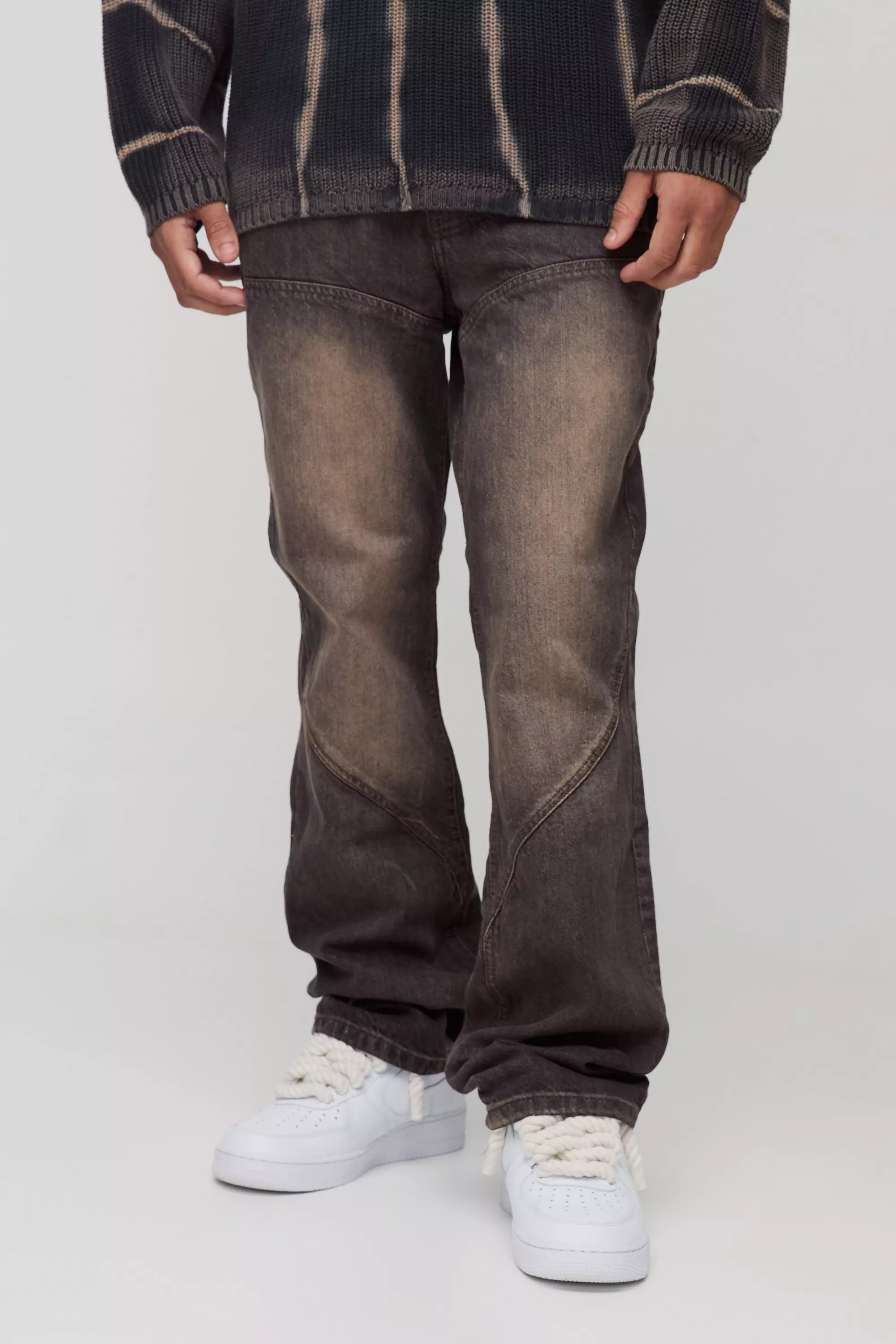 Slim Flared Brown Tint Panelled Jeans Brown