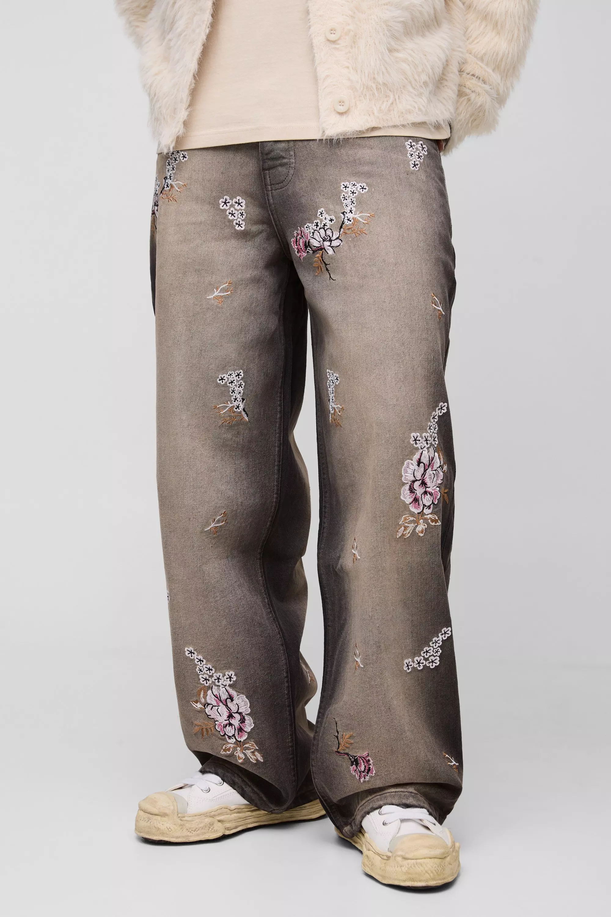Jean baggy fleuri à broderie, Brown autre image