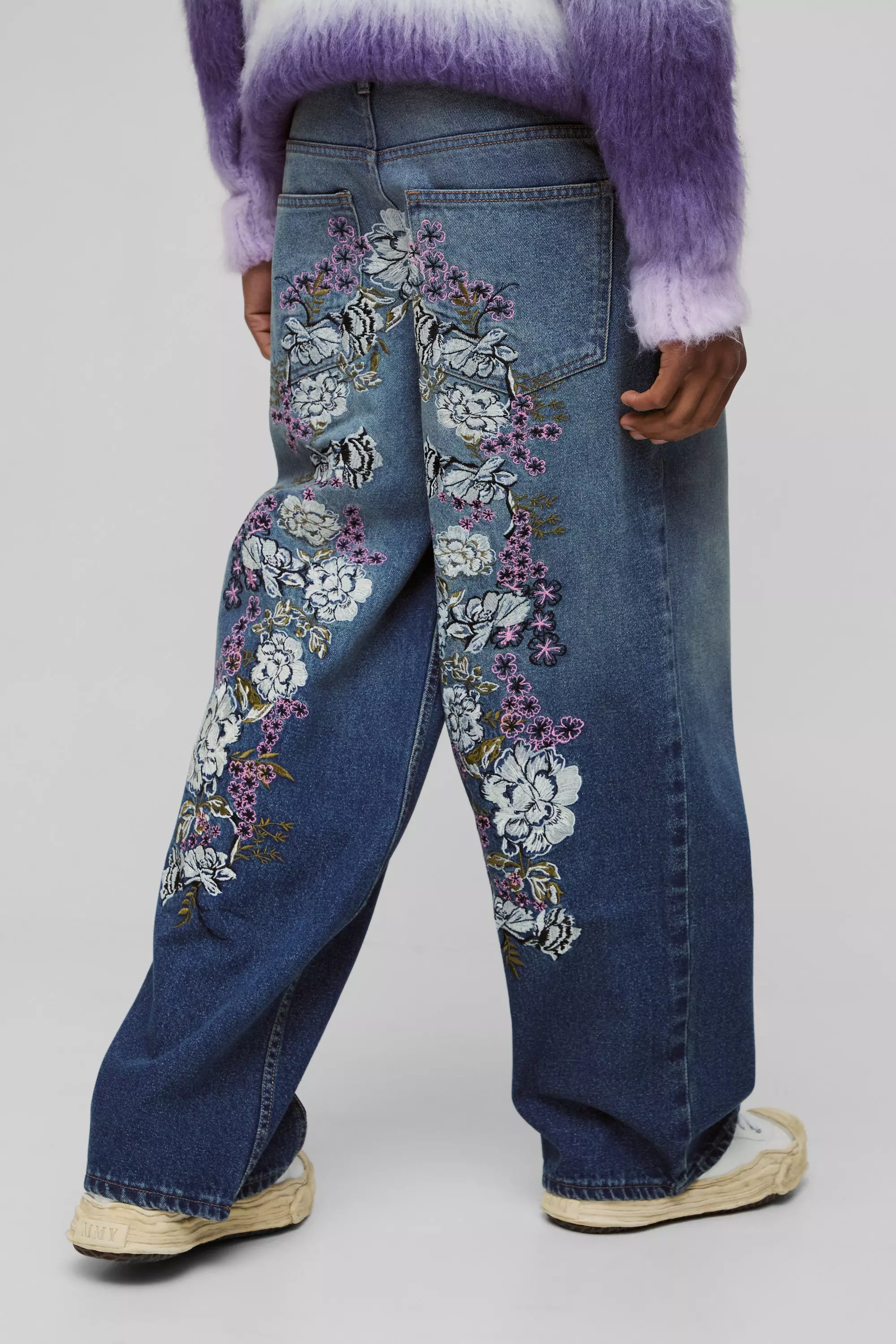 Baggy Rigid Floral Embroidered Panelled Jeans Vintage blue