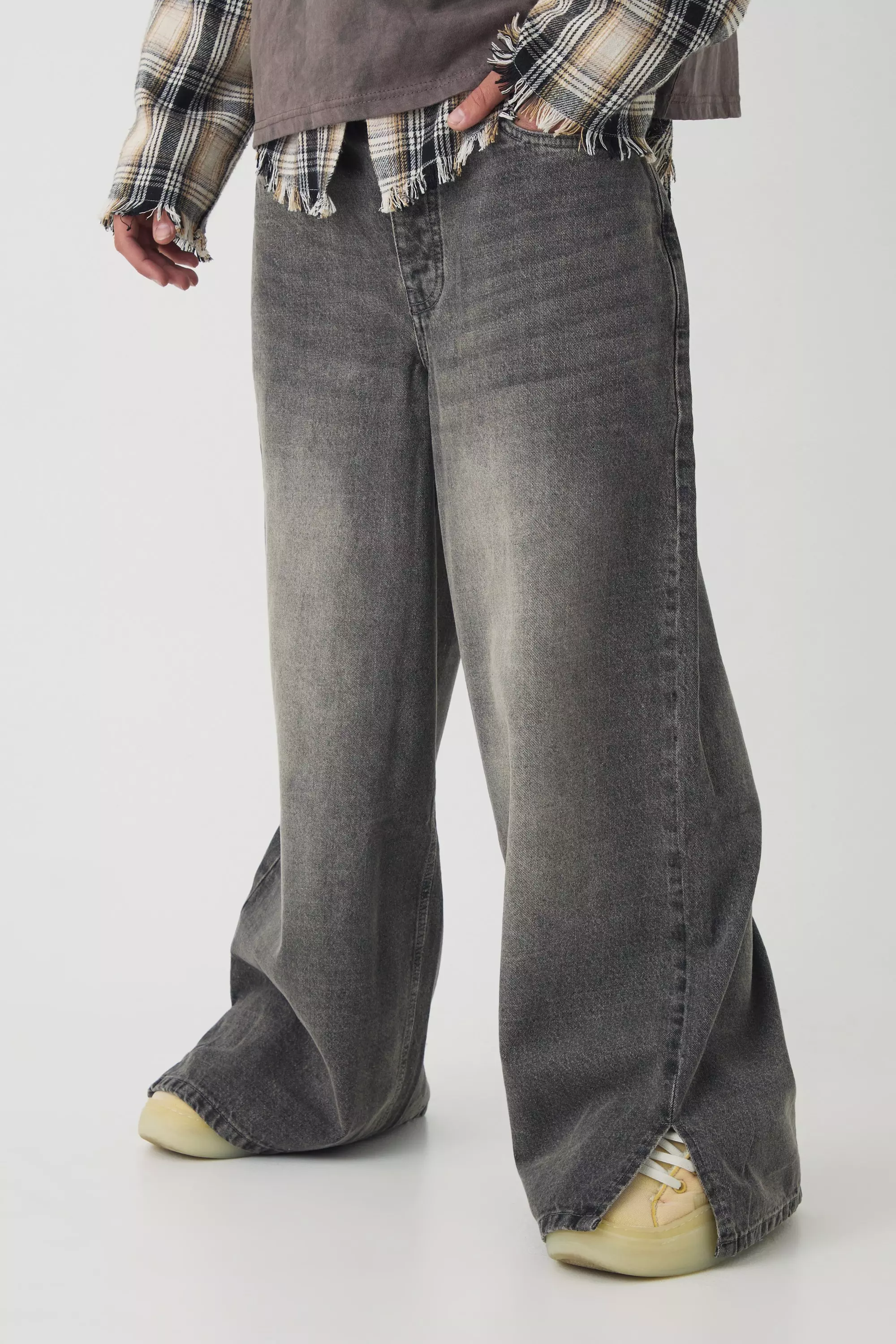 Baggy Rigid Extreme Washed Split Hem Denim Jeans Grey