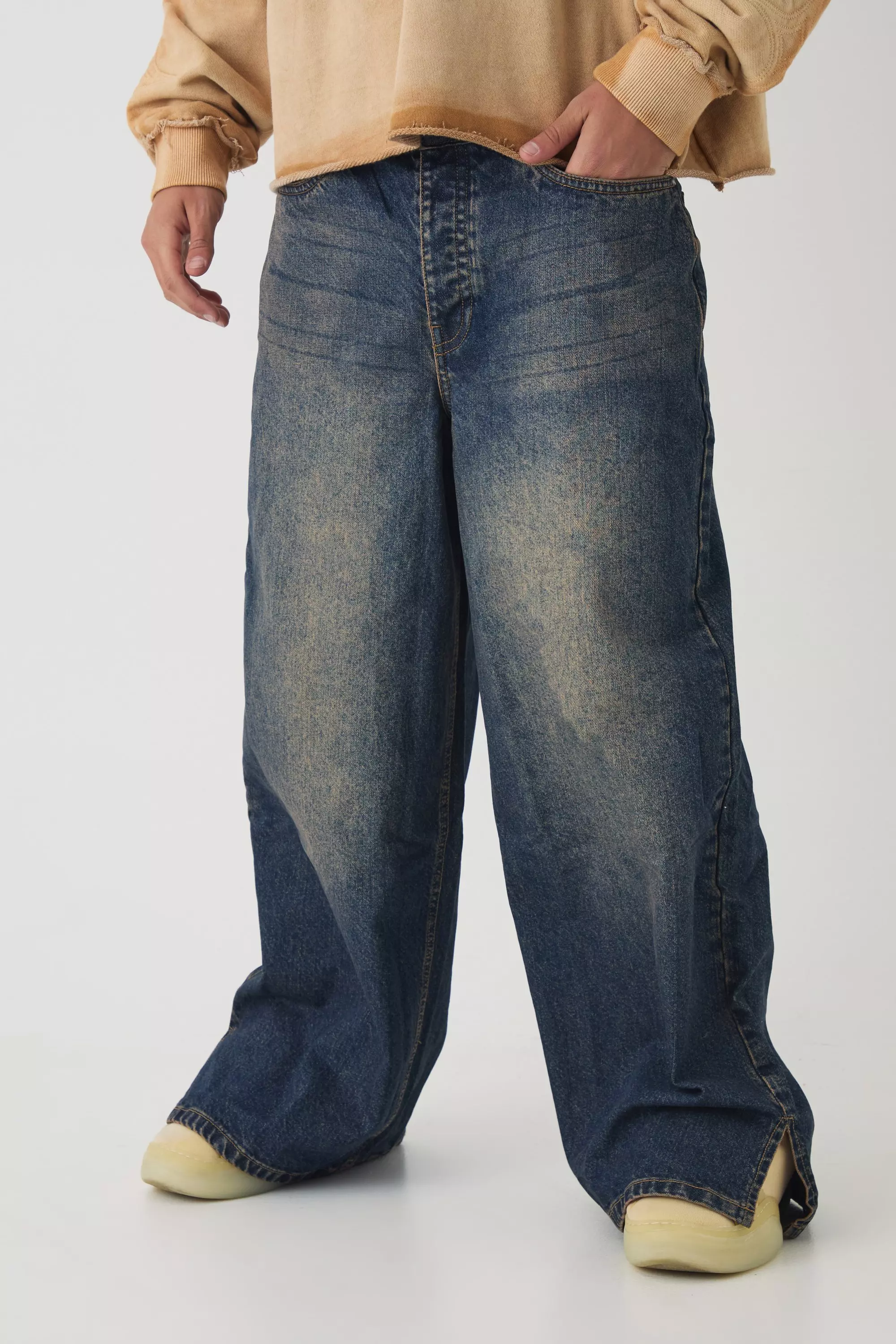 Baggy Rigid Extreme Washed Split Hem Denim Jeans Antique blue