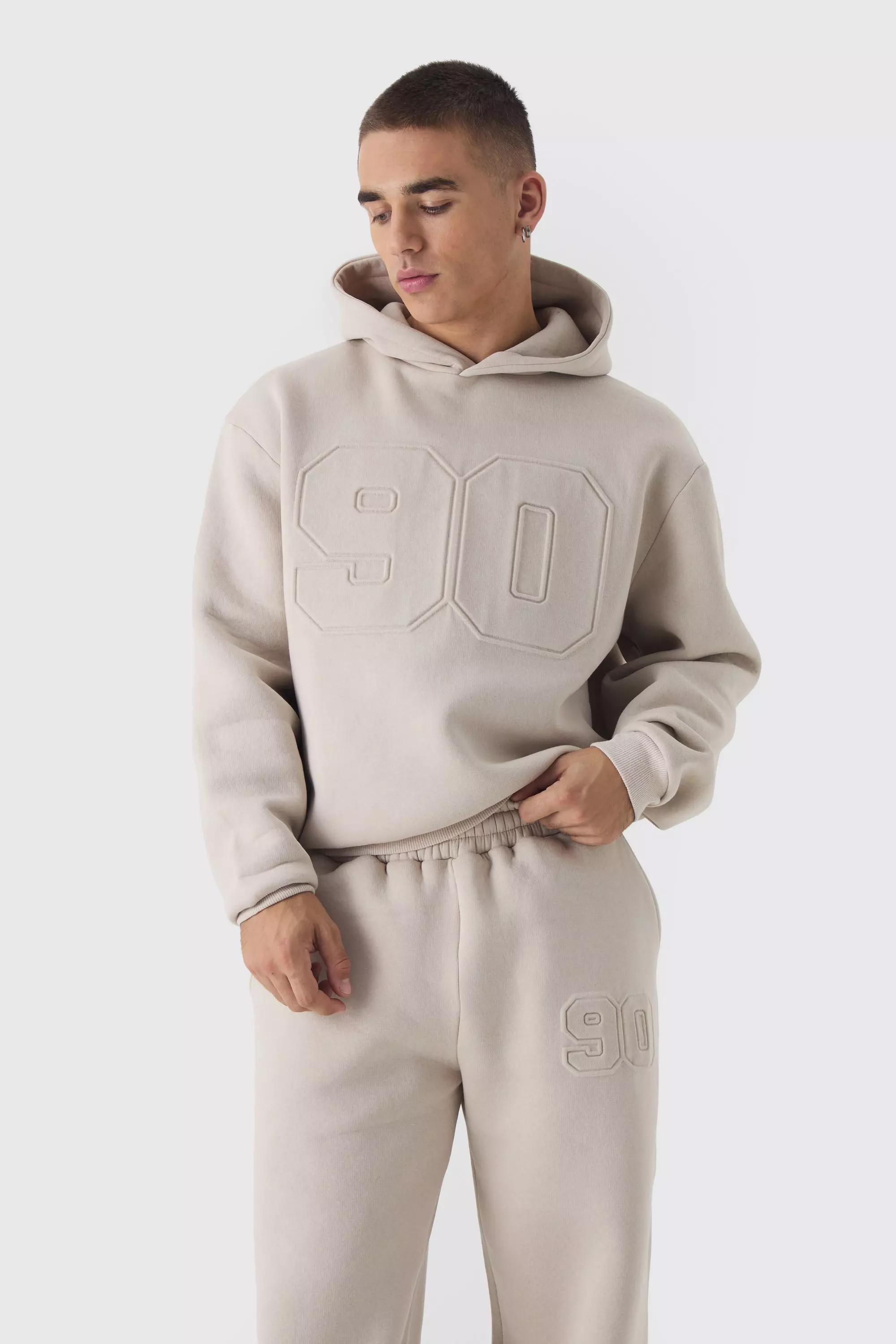 Oversized Boxy Varsity Embossed Hoodie Tracksuit | boohooMAN UK
