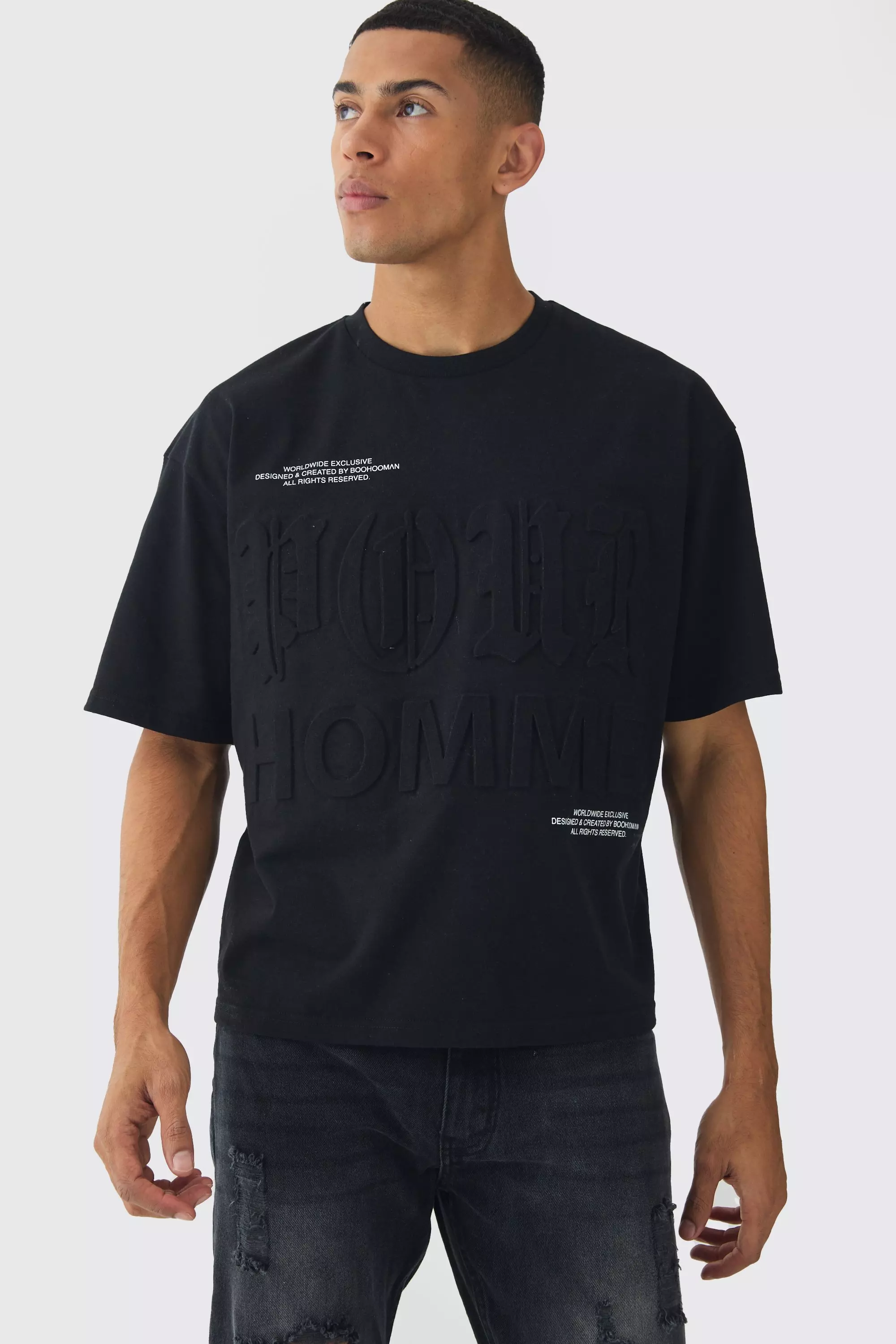 Oversized Boxy Homme Printed Embossed T-Shirt Black