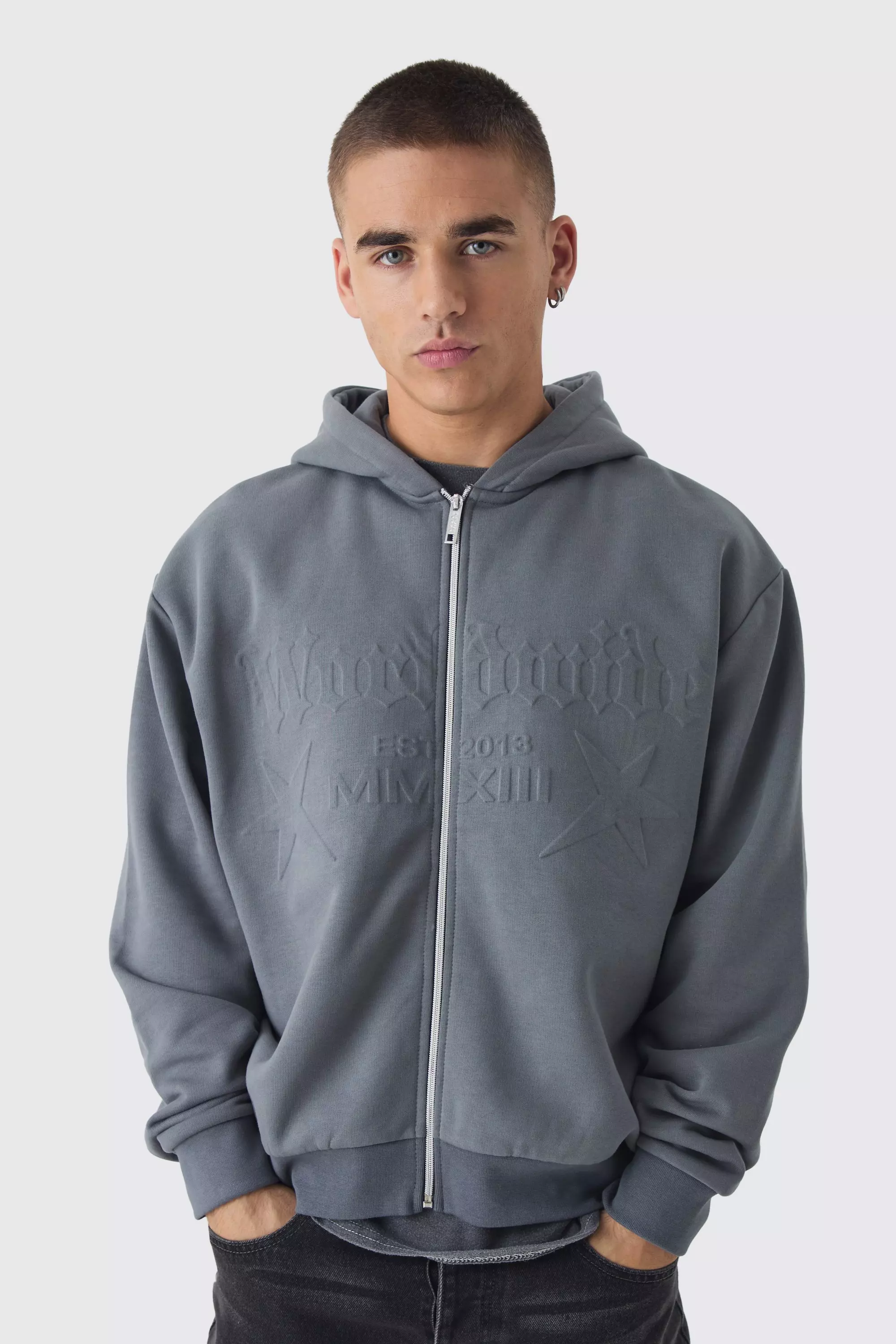 Oversized Boxy Worldwide Embossed Zip Through Hoodie Charcoal