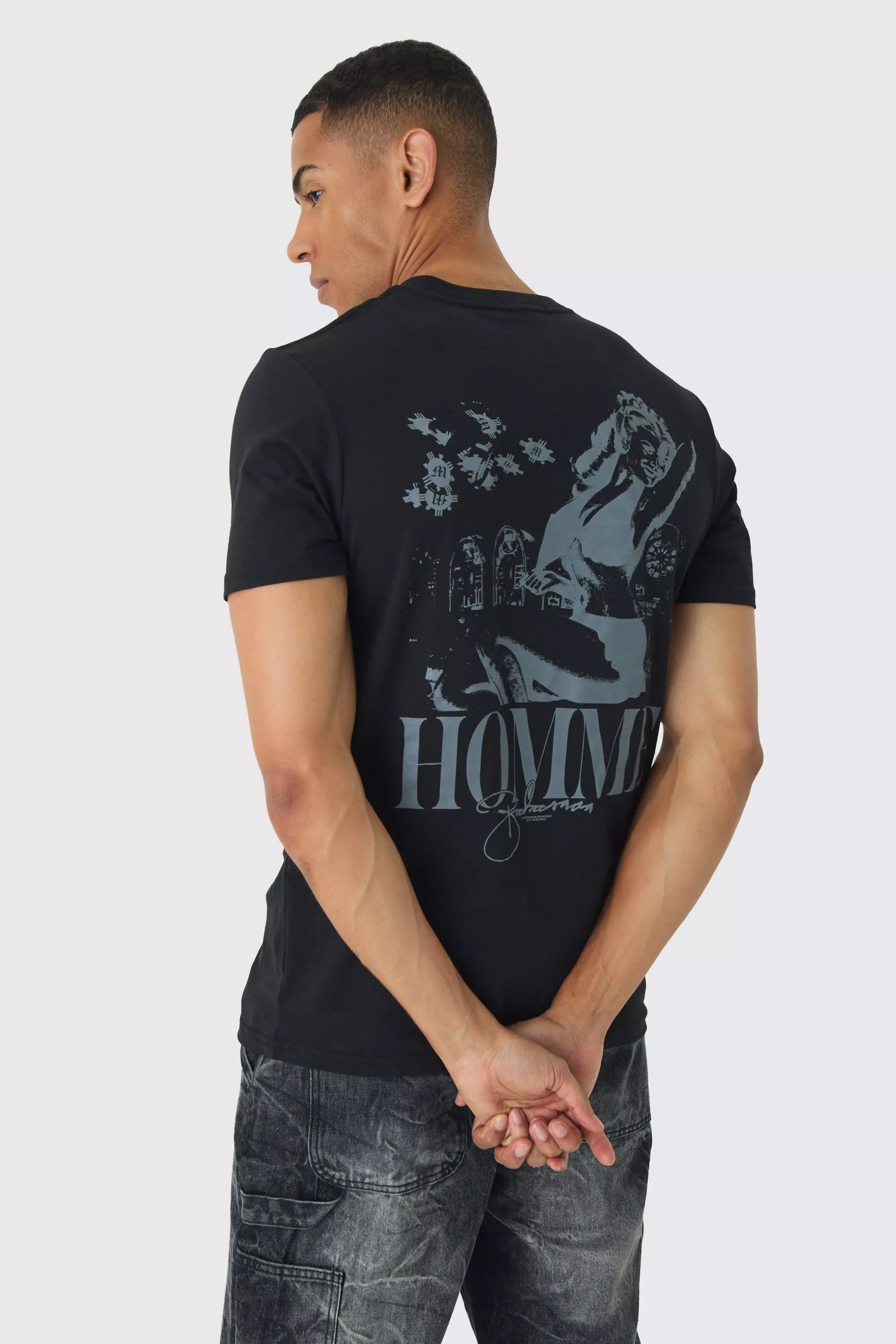 Black Slim Tonal Renaissance Print T-Shirt