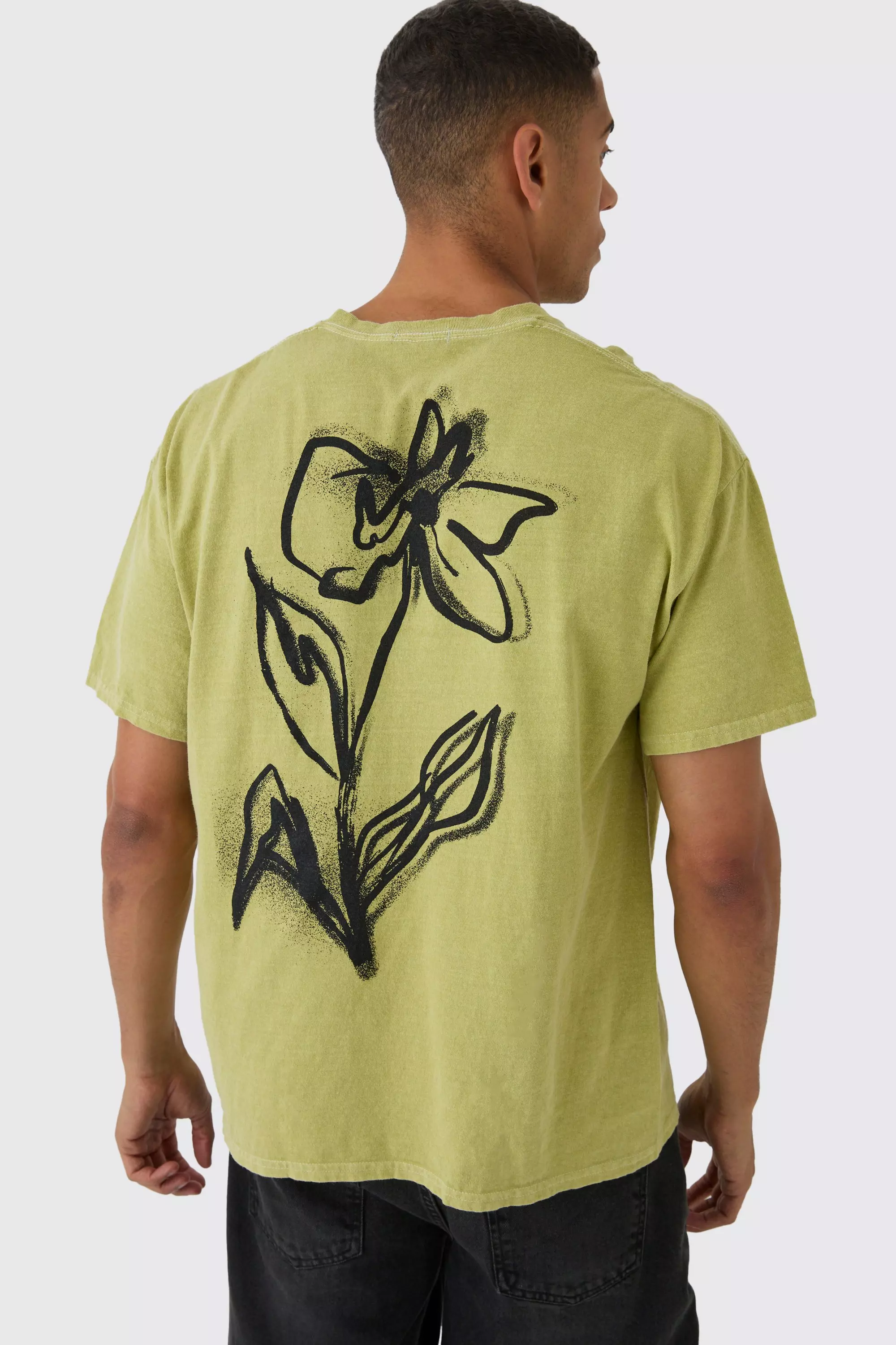 Sage Green Washed Floral Back Print T-Shirt