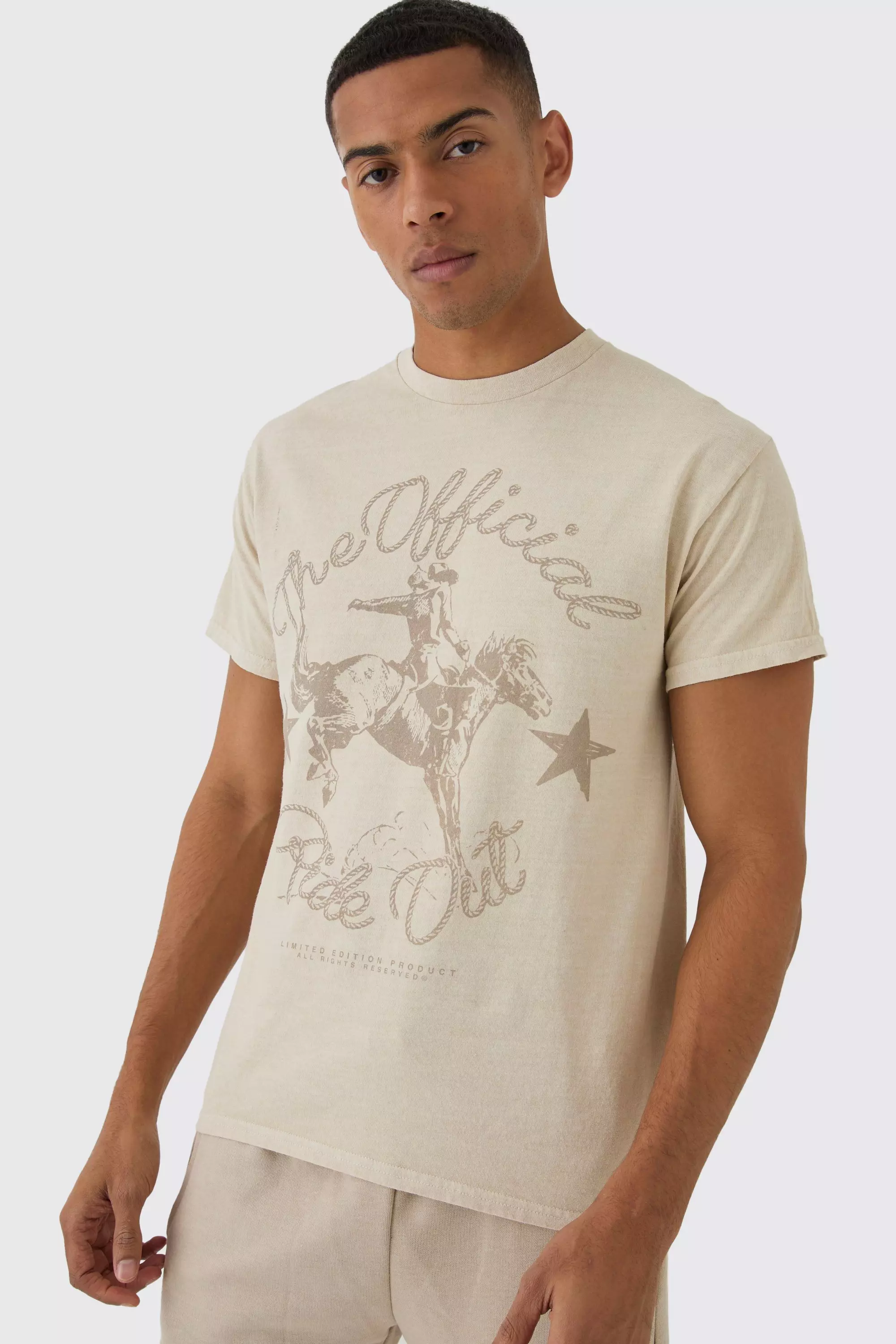 Stone Beige Slim Washed Western Graphic T-shirt