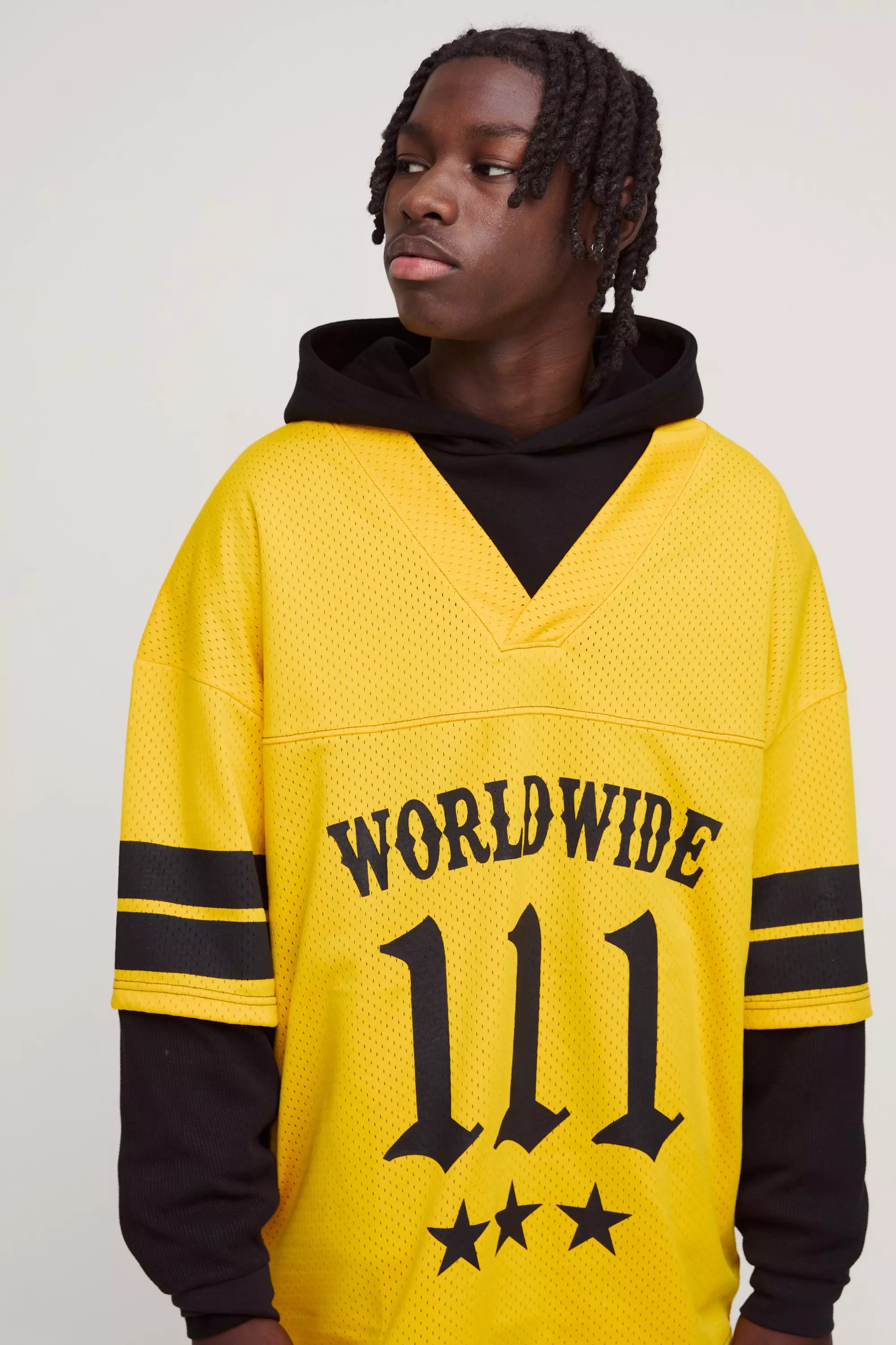 Regular Fit Varsity V Neck Moto Print Waffle & Airtex T-Shirt With Faux Layer Hem Yellow